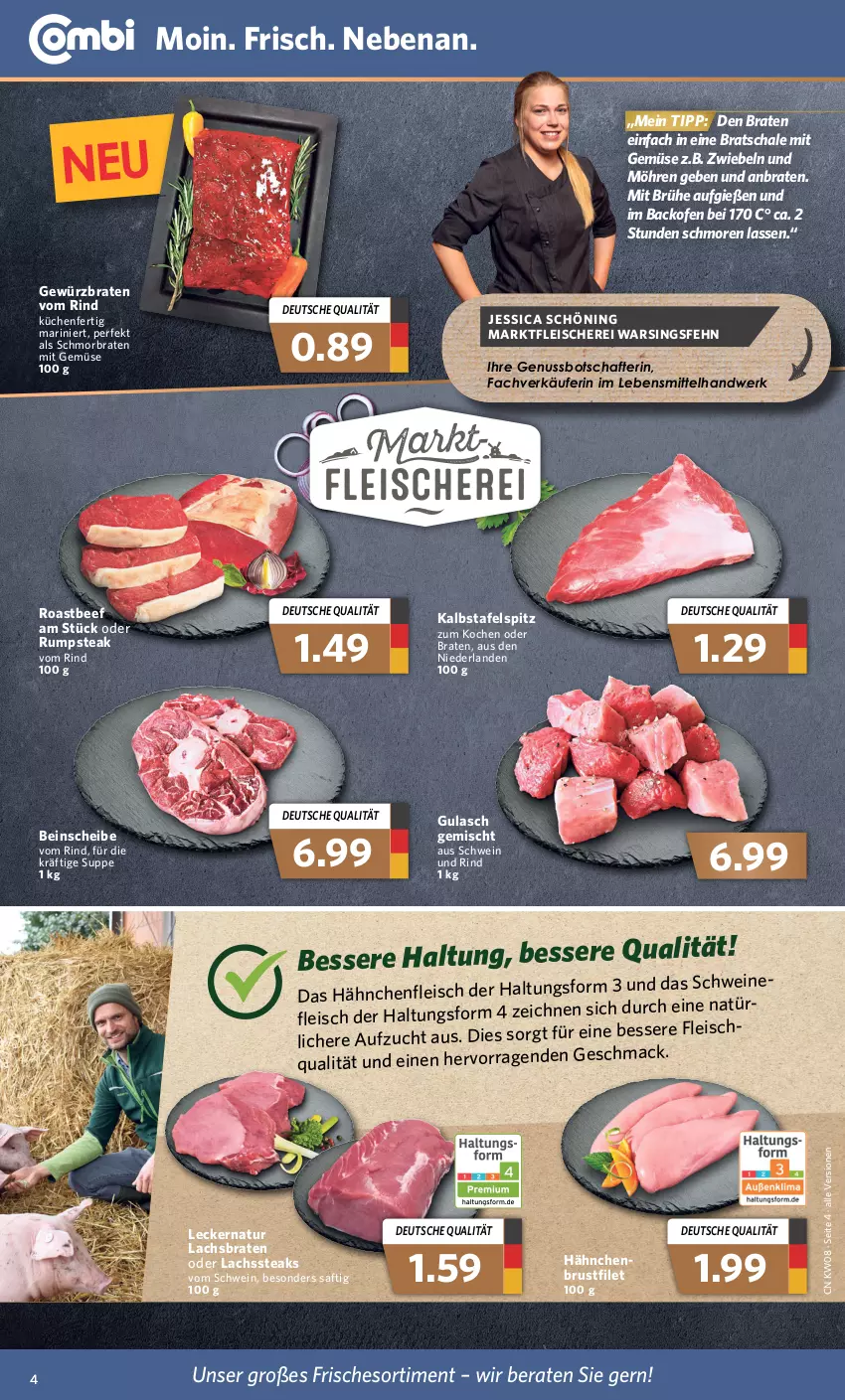 Aktueller Prospekt Combi - Prospekte - von 21.02 bis 26.02.2022 - strona 4 - produkty: backofen, beef, braten, Brühe, brustfilet, eis, filet, fleisch, Fleischerei, gewürz, gulasch, Hähnchenfleisch, küche, Küchen, lachs, Lachsbraten, lebensmittel, mac, mit gemüse, möhren, natur, nuss, oder rumpsteak, Ofen, rind, roastbeef, rum, rumpsteak, saft, Schal, Schale, Schere, schmorbraten, schwein, schwein und rind, schweine, steak, steaks, suppe, tafelspitz, Ti, wein, weine, zwiebel, zwiebeln