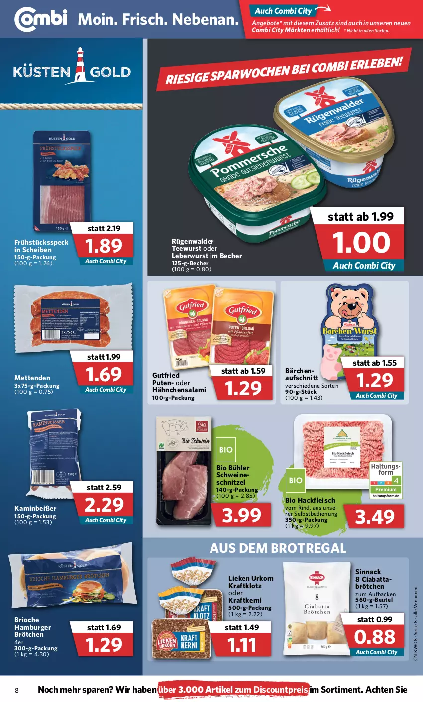 Aktueller Prospekt Combi - Prospekte - von 21.02 bis 26.02.2022 - strona 8 - produkty: angebot, angebote, aufschnitt, Becher, beutel, bio, brot, brötchen, burger, ciabatta, discount, eis, fleisch, Frühstücksspeck, gutfried, hackfleisch, hamburger, hamburger brötchen, Kamin, korn, kraft, leberwurst, lieken, Mett, metten, Mettenden, pute, regal, reis, rind, rügenwalder, salami, schnitzel, schwein, schweine, sinnack, Speck, tee, teewurst, Ti, urkorn, wein, weine, wurst