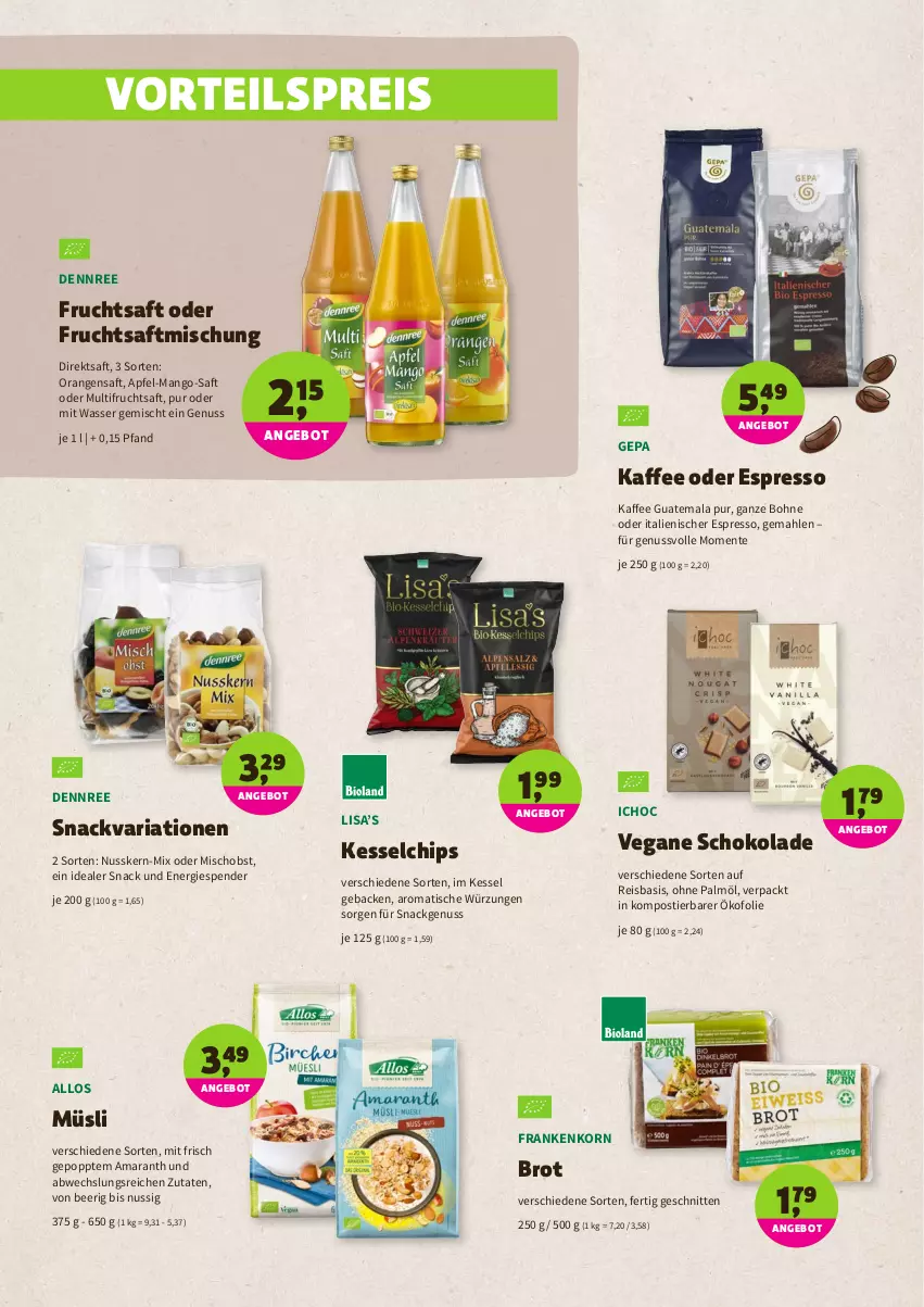 Aktueller Prospekt Denns Biomarkt - Prospekte - von 11.05 bis 24.05.2022 - strona 6 - produkty: angebot, apfel, bohne, brot, chips, dennree, direktsaft, eis, ente, espresso, frucht, fruchtsaft, geback, kaffee, korn, mango, müsli, nuss, obst, oder espresso, ohne palmöl, orange, orangen, orangensaft, Popp, reis, Ria, saft, schnitten, schoko, schokolade, snack, Stier, Ti, tisch, vorteilspreis, wasser