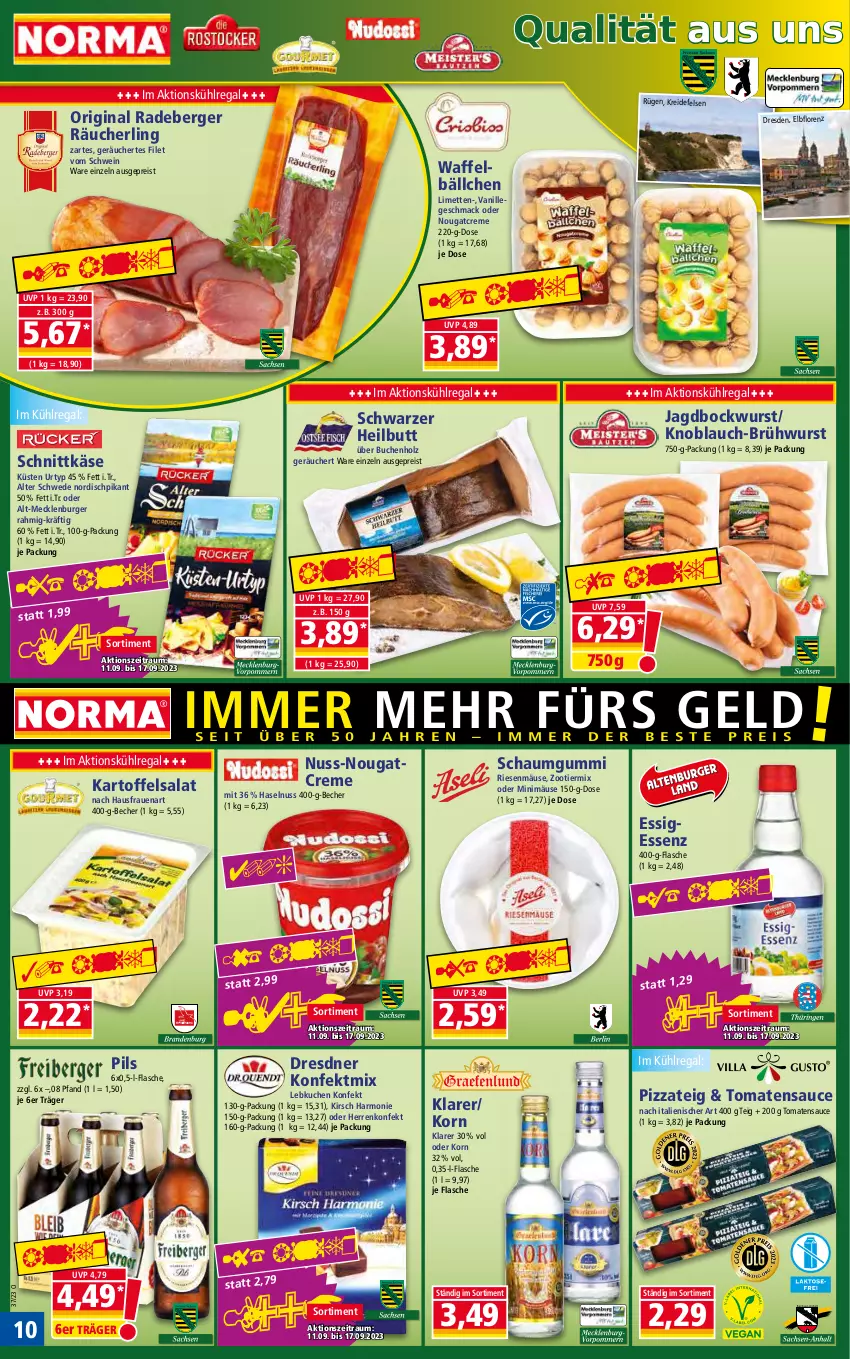 Aktueller Prospekt Norma - Norma - von 11.09 bis 18.09.2023 - strona 10 - produkty: Becher, Berger, bockwurst, Brühwurst, buch, burger, creme, eis, essig, filet, flasche, gin, haselnuss, Holz, HP, kartoffel, kartoffelsalat, Käse, kirsch, knoblauch, korn, Kreide, kuchen, kühlregal, Lebkuchen, limette, limetten, lorenz, mac, Mett, metten, Nougatcreme, nuss, pils, pizza, Pizzateig, radeberger, Räucherling, regal, reis, salat, sauce, schnittkäse, schwein, Ti, tomate, tomaten, tomatensauce, urtyp, vanille, wein, wurst