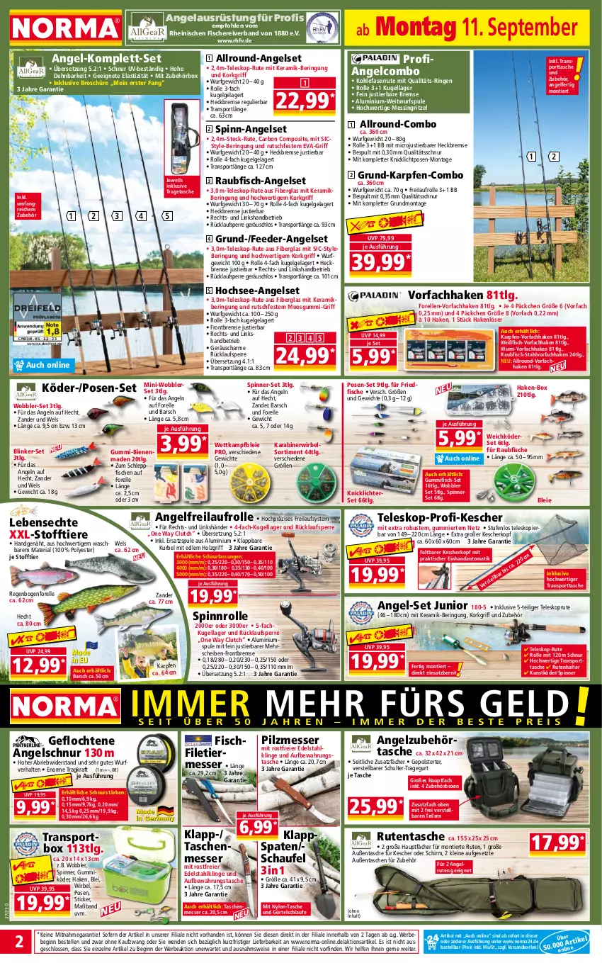 Aktueller Prospekt Norma - Norma - von 11.09 bis 18.09.2023 - strona 2 - produkty: asti, aufbewahrungstasche, auto, Bebe, brie, edelstahl, eier, eis, elle, filet, fisch, fische, Fischer, forelle, gin, Holz, HP, Kescher, Knicklicht, kraft, Kugel, leine, LG, messer, ndk, reis, rel, Ria, ring, Schere, Spaten, Sport, sporttasche, Stier, Tasche, taschen, Teleskop, Ti, Tiere, tisch, tragetasche, Wels, Zander, ZTE