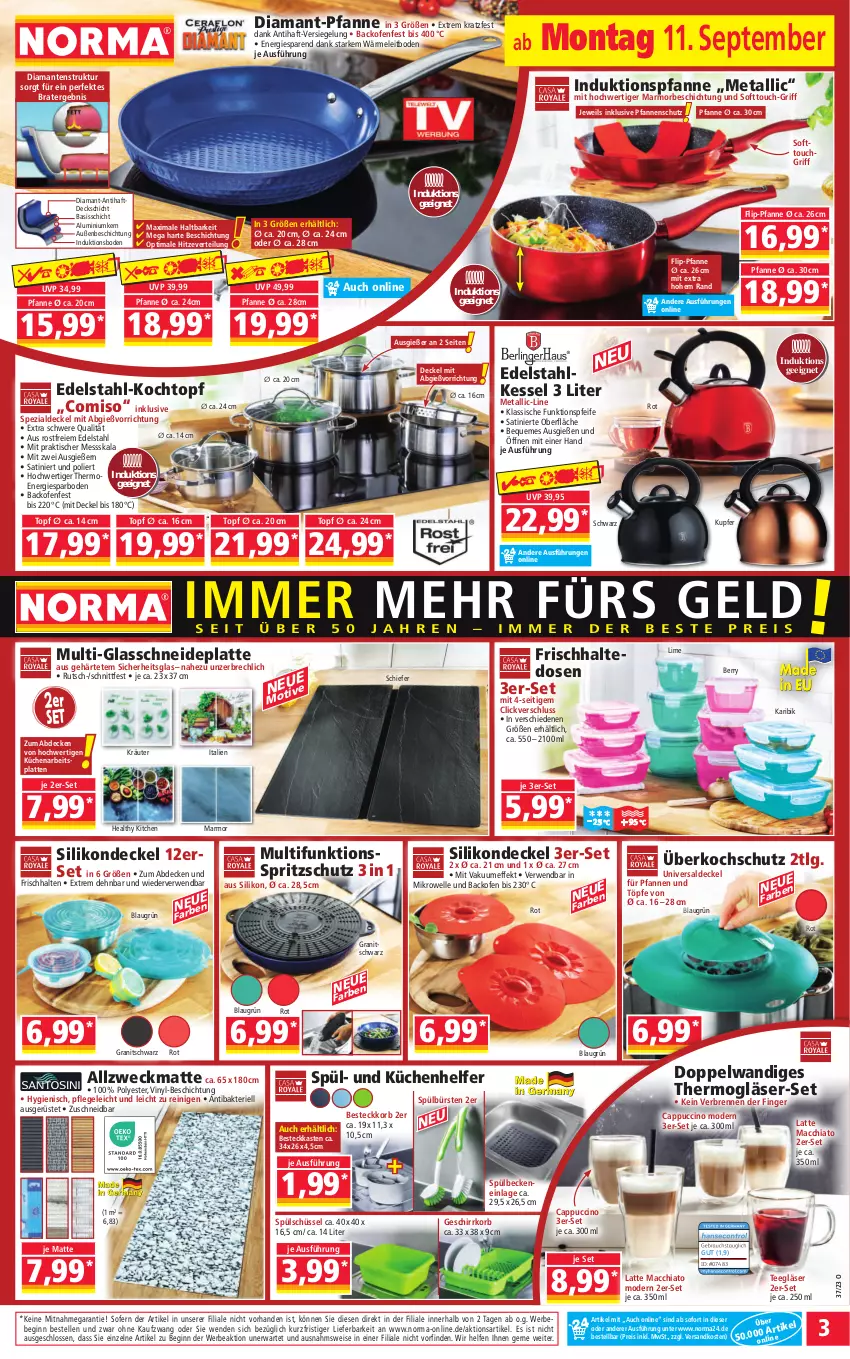 Aktueller Prospekt Norma - Norma - von 11.09 bis 18.09.2023 - strona 3 - produkty: ACC, Allzweckmatte, arbeitsplatte, backofen, Bebe, besteck, bürste, bürsten, Cap, cappuccino, chia, cin, decke, Deckel, edelstahl, eis, elle, frischhaltedosen, geschirr, gin, Gläser, Kochtopf, korb, kräuter, küche, Küchen, Küchenhelfer, latte, latte macchiato, LG, mac, macchiato, mikrowelle, Mode, ndk, Ofen, pfanne, pfannen, reis, rwe, schüssel, Spezi, Spritzschutz, Spülbeckeneinlage, tee, Thermogläser, Ti, tisch, topf, weck