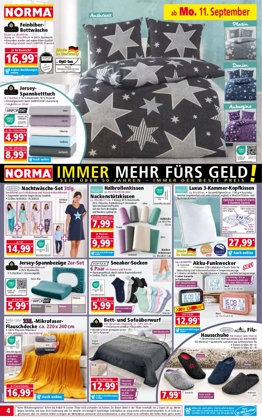 Aktueller Prospekt Norma - Norma - von 11.09 bis 18.09.2023 - strona 4 - produkty: akku, Anzug, aubergine, Bau, baumwolle, Bebe, beleuchtung, bett, Betttuch, bettwäsche, decke, deka, eis, elle, flieder, Funkwecker, Gesundheit, gin, Hausschuhe, hemd, kissen, kopfkissen, kraft, ladekabel, Leuchte, leuchten, LG, Liege, mikrofaser, mint, Nachthemd, Nachtlicht, nackenstützkissen, ndk, pflaume, reis, Ria, rwe, Schlafanzug, schuhe, sekt, senf, sneaker, socken, Sofa, Sofaüberwurf, spannbetttuch, Spezi, Spiele, tagesdecke, tee, Ti, tisch, tuc, usb, weck, wolle