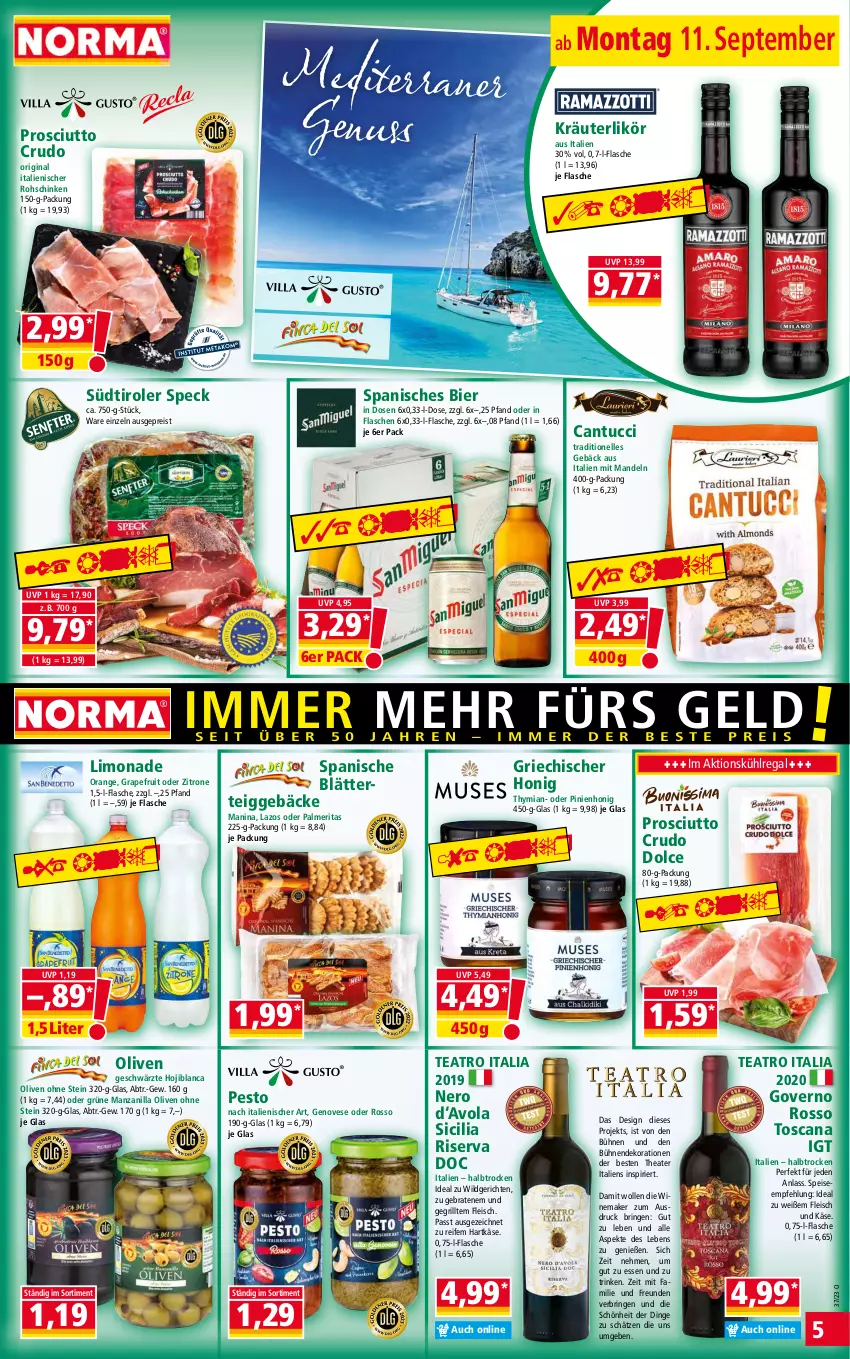 Aktueller Prospekt Norma - Norma - von 11.09 bis 18.09.2023 - strona 5 - produkty: bier, blätterteig, blätterteiggebäck, braten, dekoration, eis, elle, flasche, fleisch, genovese, gin, grapefruit, grill, hartkäse, honig, Käse, kräuter, kräuterlikör, kühlregal, likör, limo, limonade, mandel, mandeln, nero, nuss, olive, oliven, orange, pesto, prosciutto, prosciutto crudo, regal, reis, ring, riserva, rohschinken, schinken, Speck, südtiroler, Thea, Ti, tuc, Wild, wolle, zitrone, ZTE