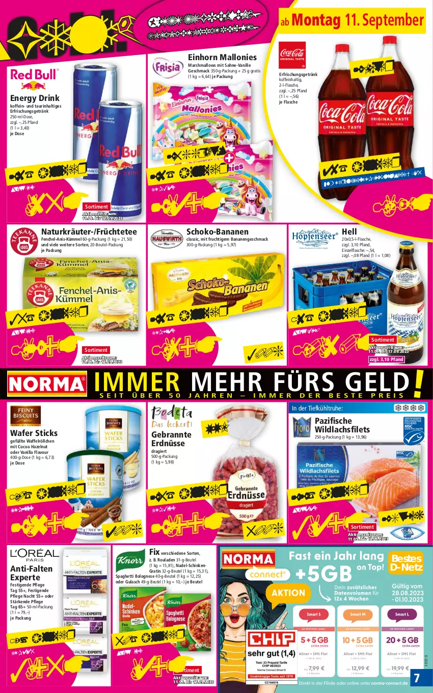 Aktueller Prospekt Norma - Norma - von 11.09 bis 18.09.2023 - strona 7 - produkty: anti-falten experte, banane, bananen, beutel, bolognese, drink, energy drink, erdnüsse, erfrischungsgetränk, fenchel, filet, filets, fisch, fische, flasche, frucht, früchte, Früchtetee, Gebrannte Erdnüsse, getränk, gulasch, kräuter, lachs, lachsfilet, lachsfilets, mac, mars, mit frucht, natur, nudel, rouladen, sahne, schinken, schoko, spaghetti, spaghetti bolognese, tee, Ti, vanille, Waffelröllchen, Wild, wildlachs