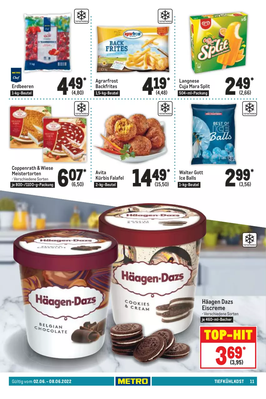 Aktueller Prospekt Metro - Food - von 02.06 bis 08.06.2022 - strona 11 - produkty: agrarfrost, ball, Becher, beere, beeren, beutel, coppenrath, creme, eis, eiscreme, erdbeere, erdbeeren, Falafel, Ice Balls, Kürbis, langnese, Meister, Ti, tiefkühlkost, top-hit, torte, vita