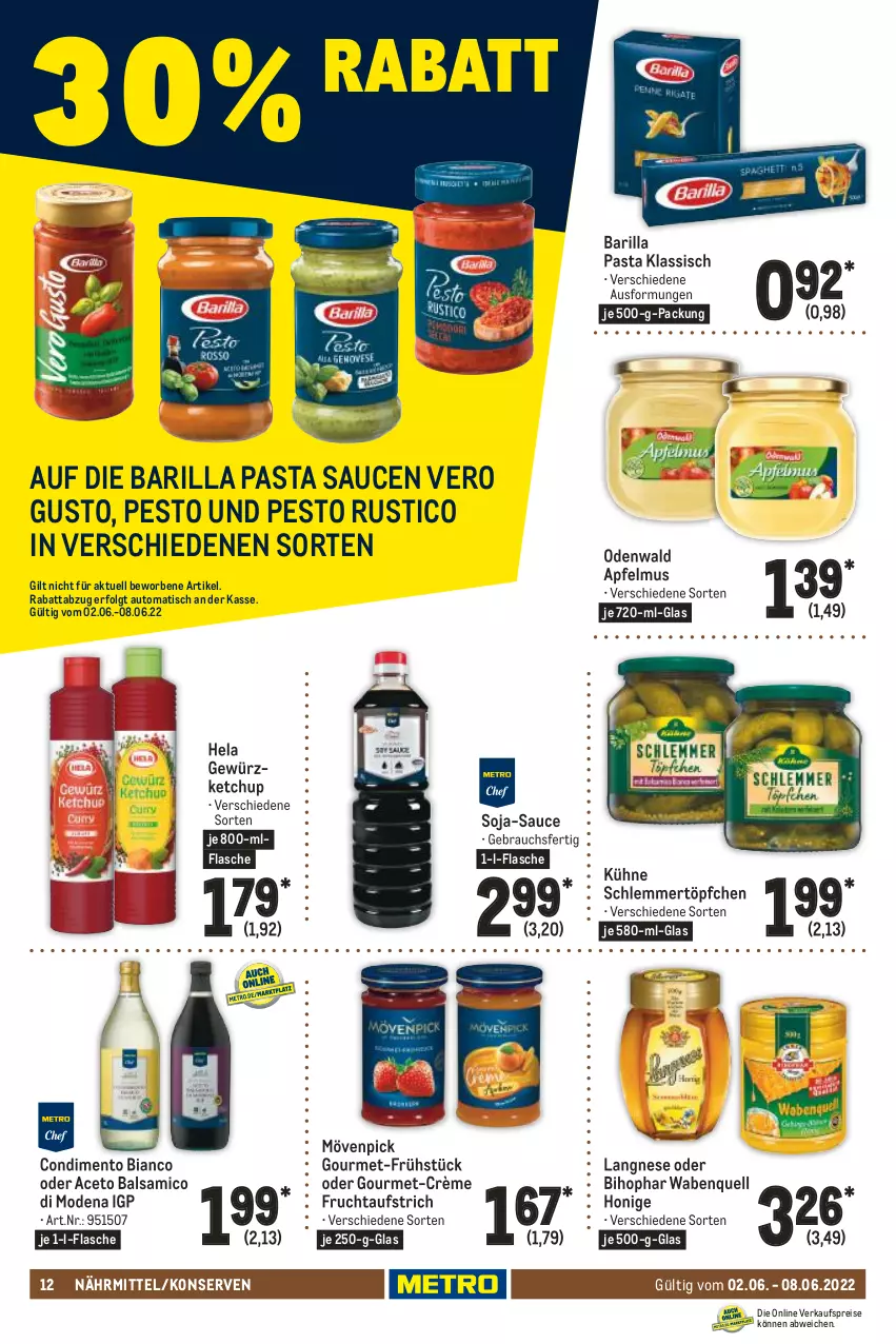 Aktueller Prospekt Metro - Food - von 02.06 bis 08.06.2022 - strona 12 - produkty: aceto, aceto balsamico, apfel, apfelmus, aufstrich, auto, balsam, balsamico, barilla, bihophar, condimento, Condimento Bianco, eis, flasche, frucht, fruchtaufstrich, gewürz, gewürzketchup, Hela, honig, ketchup, Konserven, Kühne, langnese, LG, Mode, mövenpick, odenwald, pasta, Pasta Sauce, pesto, Rauch, reis, sauce, saucen, schlemmertöpfchen, soja, Ti, tisch, Töpfchen