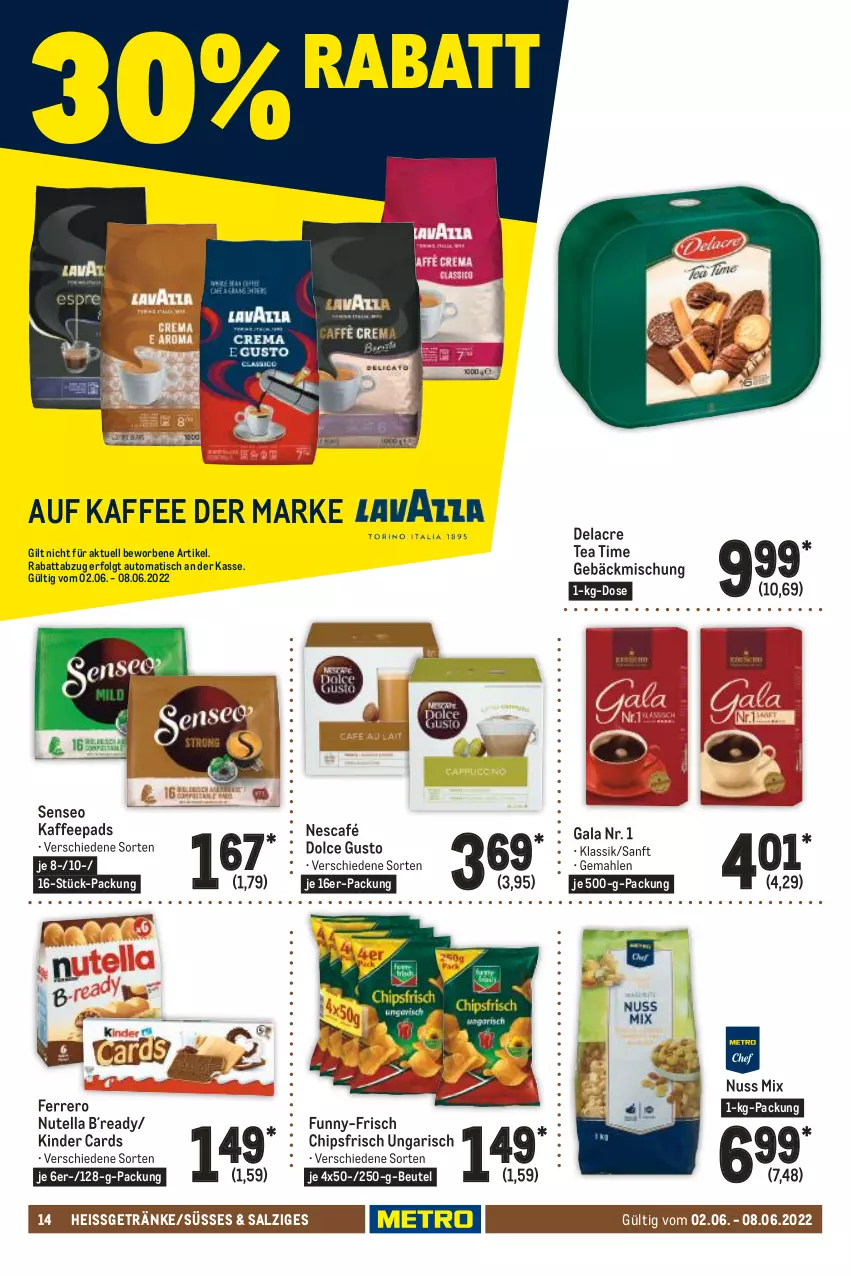 Aktueller Prospekt Metro - Food - von 02.06 bis 08.06.2022 - strona 14 - produkty: auto, beutel, chips, chipsfrisch, dolce gusto, eis, ferrero, funny-frisch, gebäckmischung, getränk, getränke, kaffee, kaffeepads, Kinder, LG, Nescafé, nuss, nutella, salz, senseo, Ti, tisch