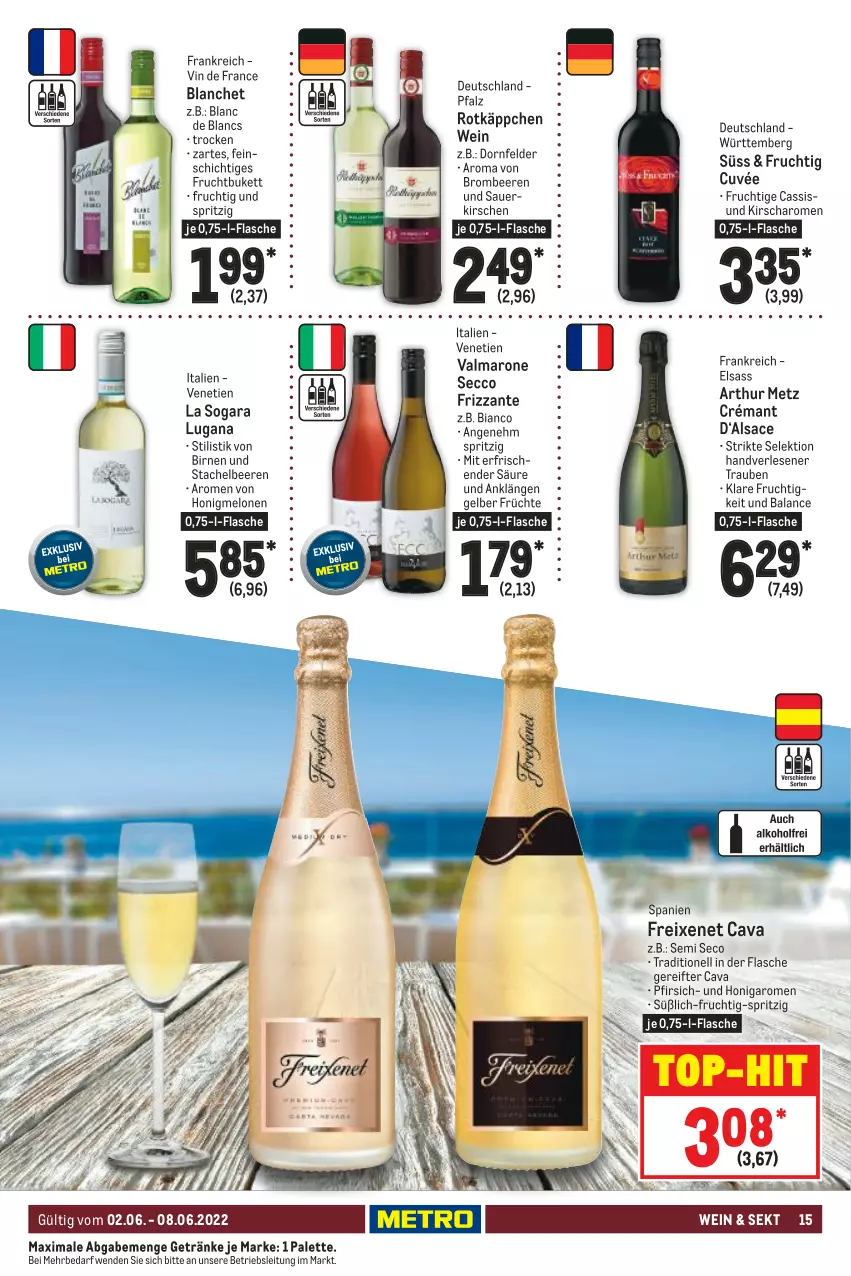 Aktueller Prospekt Metro - Food - von 02.06 bis 08.06.2022 - strona 15 - produkty: auer, beere, beeren, Birnen, brombeere, brombeeren, cassis, Cava, cuvée, de blancs, dornfelder, ecco, flasche, freixenet, frizzante, frucht, früchte, getränk, getränke, honig, honigmelone, honigmelonen, kirsch, kirsche, kirschen, melone, melonen, Palette, pfirsich, rotkäppchen, sac, sauerkirschen, sekt, Stachelbeeren, Ti, top-hit, trauben, vin de france, wein