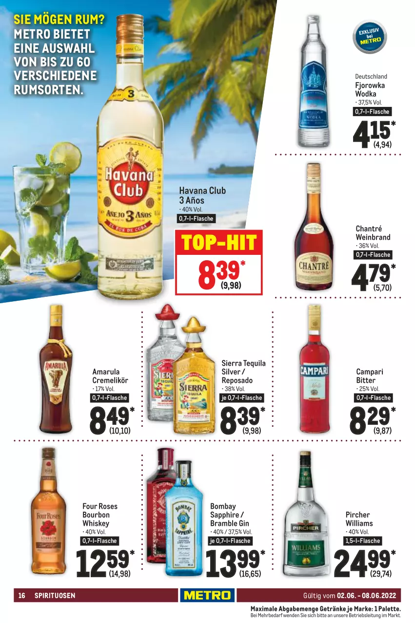 Aktueller Prospekt Metro - Food - von 02.06 bis 08.06.2022 - strona 16 - produkty: amarula, bombay sapphire, bourbon, bourbon whiskey, campari, chantré, creme, flasche, getränk, getränke, gin, Havana Club, likör, Metro, Palette, pircher, rum, sapphire, Sierra, sierra tequila, spirituosen, tequila, Ti, top-hit, wein, weinbrand, whiskey, wodka