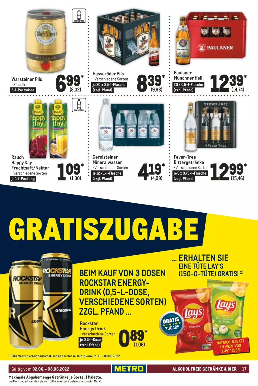 Aktueller Prospekt Metro - Food - von 02.06 bis 08.06.2022 - strona 17 - produkty: alkohol, alkoholfreie getränke, Alwa, auto, bier, drink, energy drink, fever-tree, flasche, frucht, fruchtsaft, gerolsteine, gerolsteiner, getränk, getränke, Happy Day, hasseröder, LG, mineralwasser, natur, natura, Nektar, Palette, Paula, paulaner, pils, Rauch, Rockstar, saft, steiner, Ti, tisch, Tüte, warsteiner, wasser