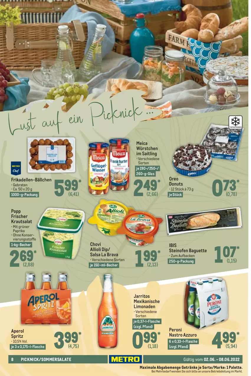 Aktueller Prospekt Metro - Food - von 02.06 bis 08.06.2022 - strona 8 - produkty: allioli, aperol, baguette, Becher, braten, chovi, dell, dip, Donut, donuts, elle, flasche, frikadellen, getränk, getränke, Kraut, krautsalat, limo, limonade, limonaden, meica, Ofen, oreo, Palette, paprika, Peroni, Popp, salat, salate, Salsa, steinofen, Ti, würstchen