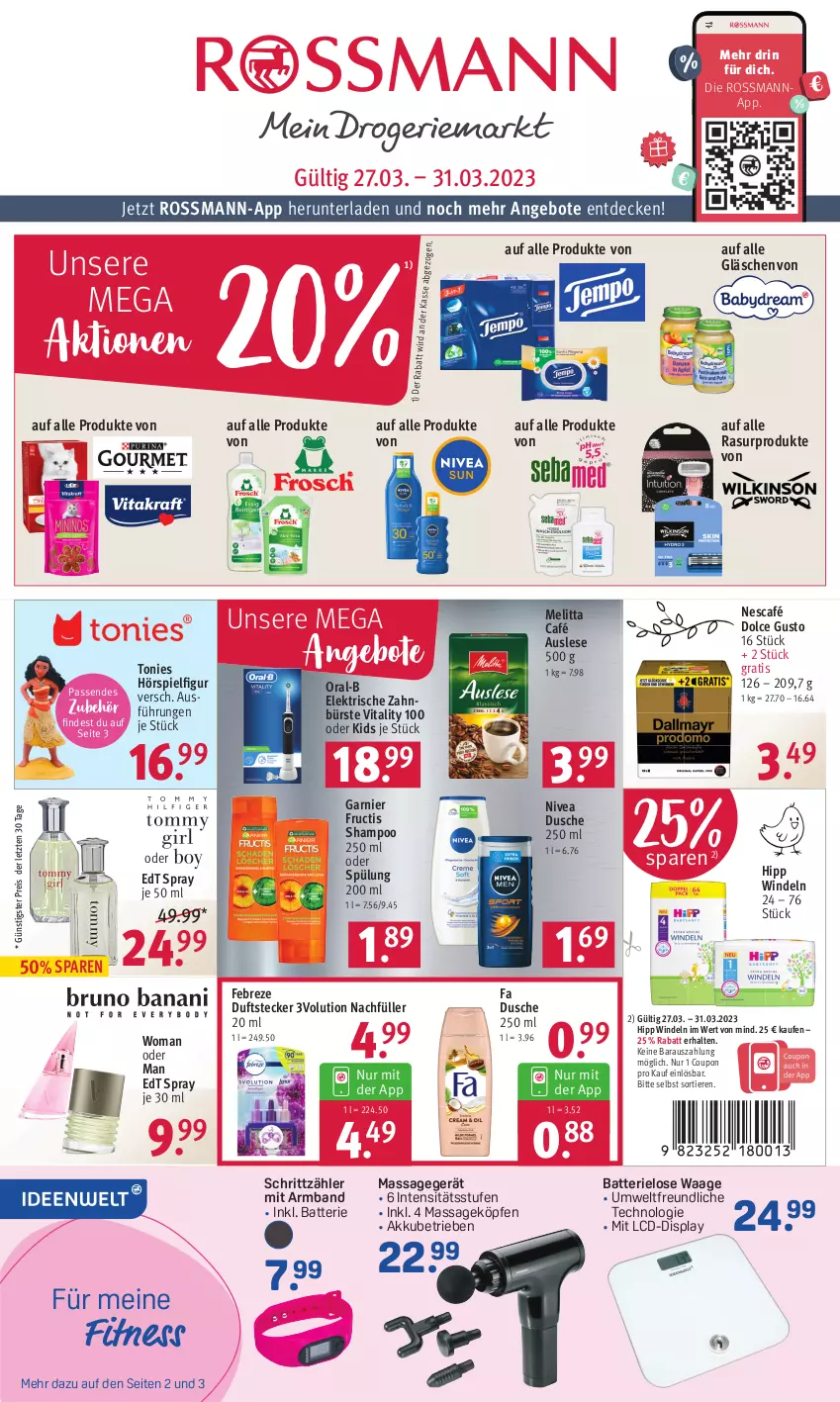 Aktueller Prospekt Rossmann - Prospekte - von 27.03 bis 31.03.2023 - strona 1 - produkty: akku, angebot, angebote, Armband, batterie, bürste, coupon, decke, dolce gusto, dusche, edt spray, eis, elektrische zahnbürste, febreze, fructis, garnier, hipp, Massagegerät, melitta, Nescafé, nivea, oral-b, reis, shampoo, shampoo 250 ml, spülung, spülung 200 ml, Ti, Tiere, vita, vitality, Waage, windeln, zahnbürste, ZTE