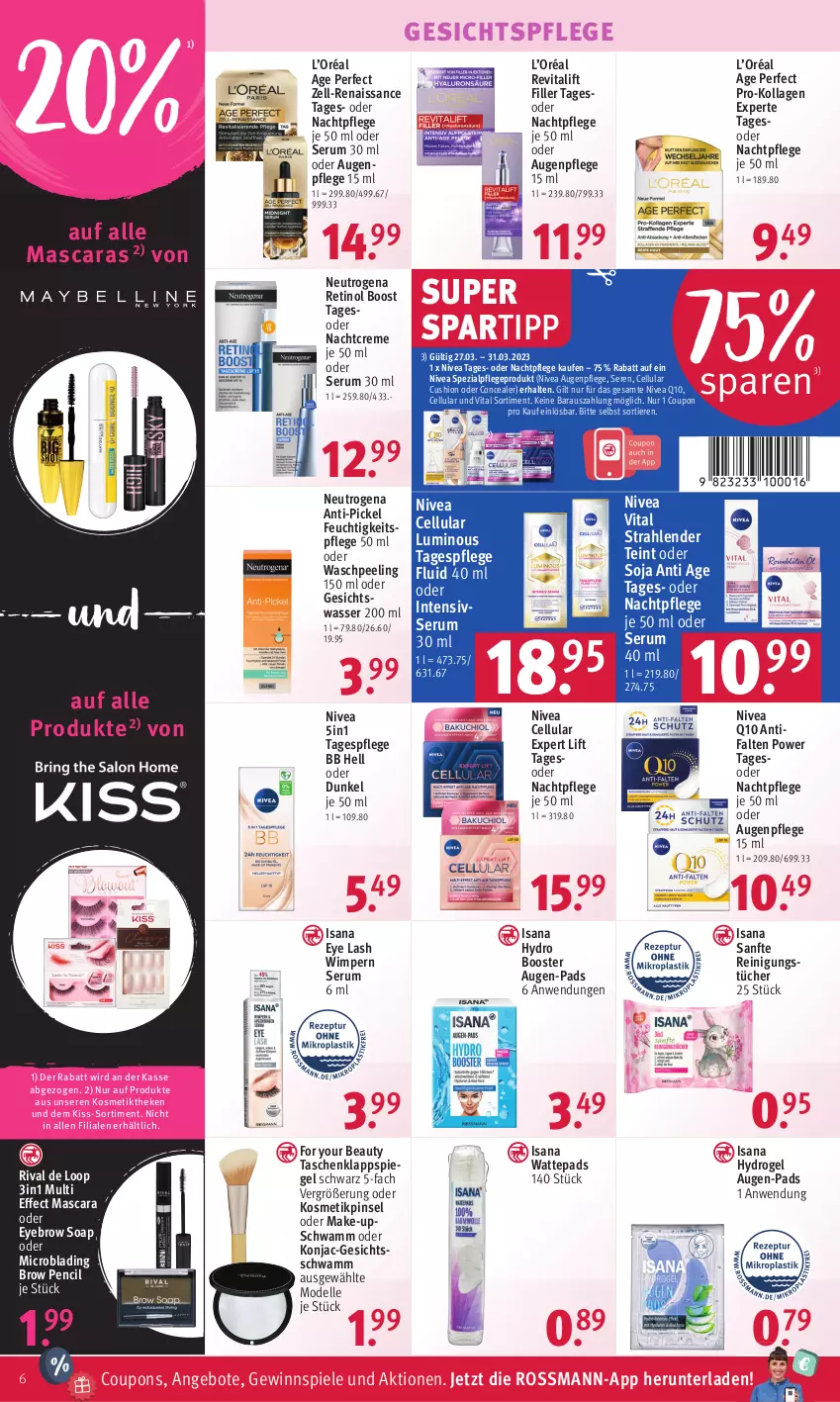 Aktueller Prospekt Rossmann - Prospekte - von 27.03 bis 31.03.2023 - strona 6 - produkty: angebot, angebote, Augenpflege, coupon, coupons, creme, dell, Effect, elle, feuchtigkeitspflege, For Your Beauty, gesichtspflege, Gesichtswasser, gewinnspiel, HP, isana, Kollagen, kosmetik, Make-up, Mascara, Mode, nachtcreme, nachtpflege, neutrogena, nivea, Peeling, Pinsel, Q10, Reinigung, reinigungstücher, Revital, revitalift, rum, sana, schwamm, Serum, soja, spartipp, Spezi, spiegel, Spiele, Tagespflege, Tasche, taschen, Ti, Tiere, tücher, vita, wasser, wattepads, Yo