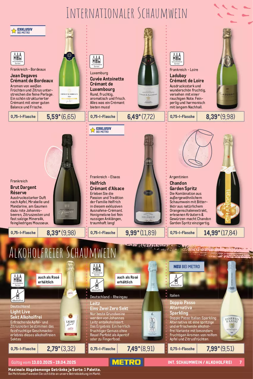 Aktueller Prospekt Metro - Erlesene Tropfen Spezial - von 13.03 bis 19.04.2025 - strona 7 - produkty: alkohol, aperitif, apfel, beere, beeren, Blüte, brut, brut dargent, crémant de loire, cuvée, doppio passo, ecco, elle, ente, erde, ernesto, flasche, frucht, früchte, früchten, getränk, getränke, gewürz, grana, granatapfel, himbeer, honig, honigmelone, johannisbeere, Johannisbeeren, kräuter, kräutern, La Gioiosa, leitz, likör, mac, mandarine, melone, mionetto, mousse, Nuance, nuss, orange, orangen, Palette, passo, perla, prosecco, puma, Rana, Rauch, Ria, Rote Johannisbeeren, rwe, sac, salz, Schal, Schale, sekt, spumante, Ti, tisch, usb, valdo, wein, weine, zitrone, zitronen, zonin