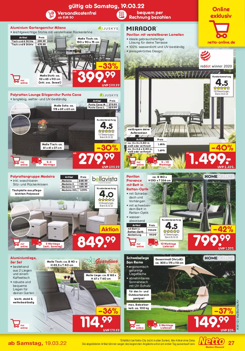 Aktueller Prospekt Netto Marken-Discount - Filial-Angebote - von 21.03 bis 26.03.2022 - strona 27 - produkty: angebot, bett, eis, elle, garnitur, Garten, HP, kaffee, kissen, latte, Liege, ndk, pavillon, Rauch, reis, Rückenkissen, rückenlehne, sessel, Sofa, Stühl, stuhl, Ti, tisch, tischplatte, uv-schutz, versandkostenfrei, wasser, ZTE