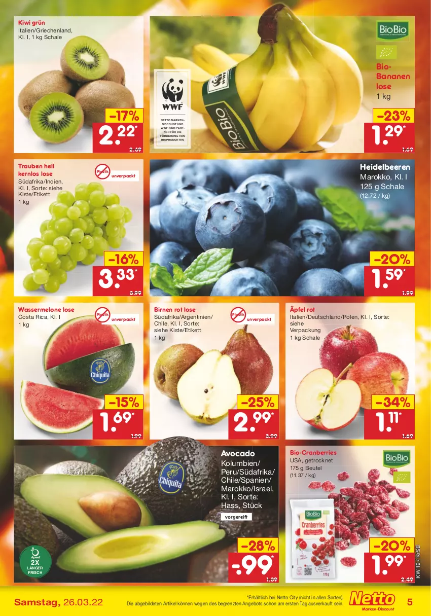 Aktueller Prospekt Netto Marken-Discount - Filial-Angebote - von 21.03 bis 26.03.2022 - strona 5 - produkty: angebot, asti, avocado, banane, bananen, beere, beeren, beutel, bio, Birnen, cranberries, discount, heidelbeere, heidelbeeren, kiwi, melone, Schal, Schale, Ti, trauben, wasser, wassermelone, ZTE