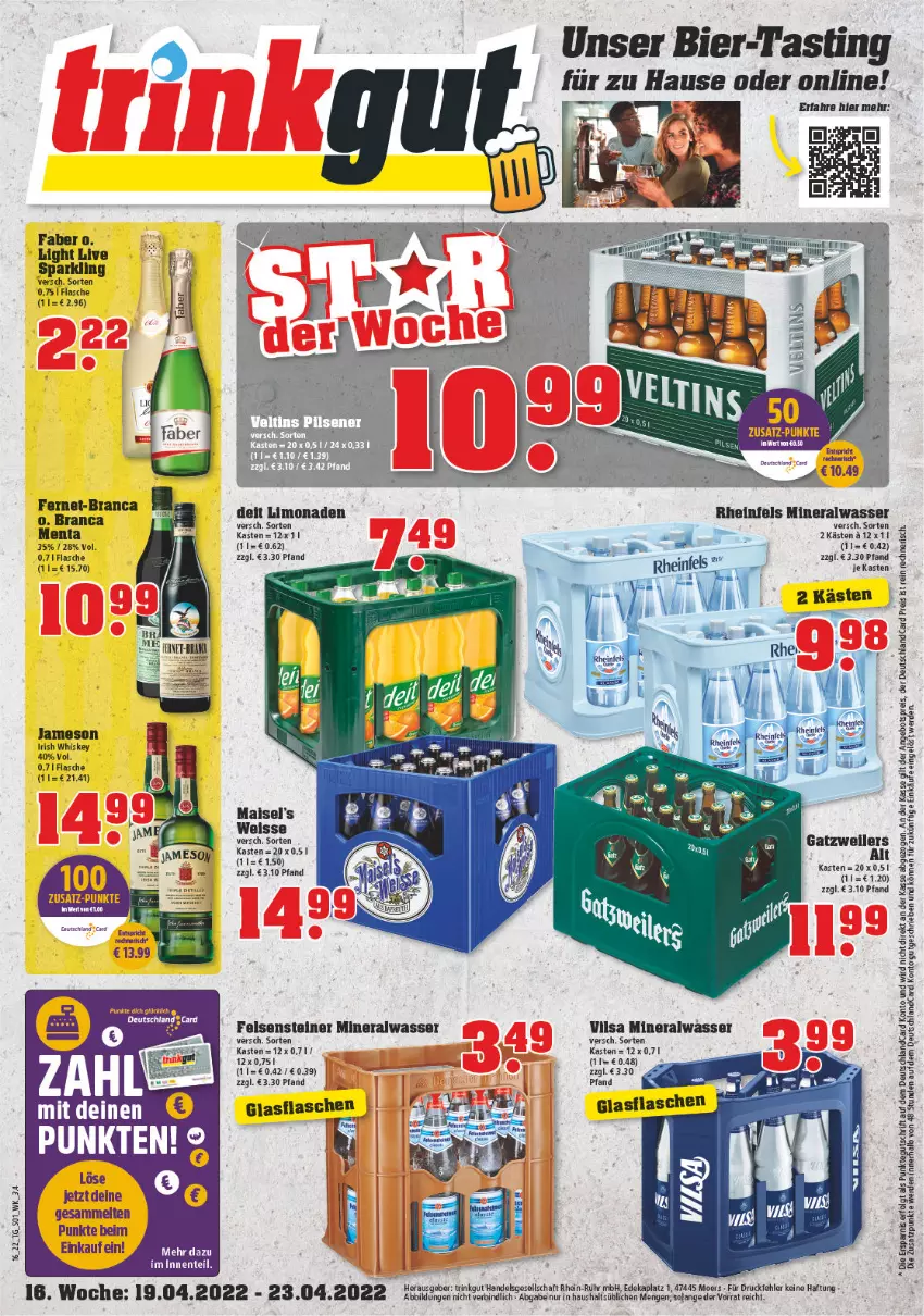 Aktueller Prospekt Trinkgut - von 18.04 bis 23.04.2022 - strona 1 - produkty: Alwa, asti, bier, deit, deka, deutschlandcard, eis, ente, erde, Fernet, flasche, glasflasche, irish whiskey, jameson, LG, limo, limonade, limonaden, mineralwasser, reis, steiner, Ti, uhr, vilsa, wasser, whiskey