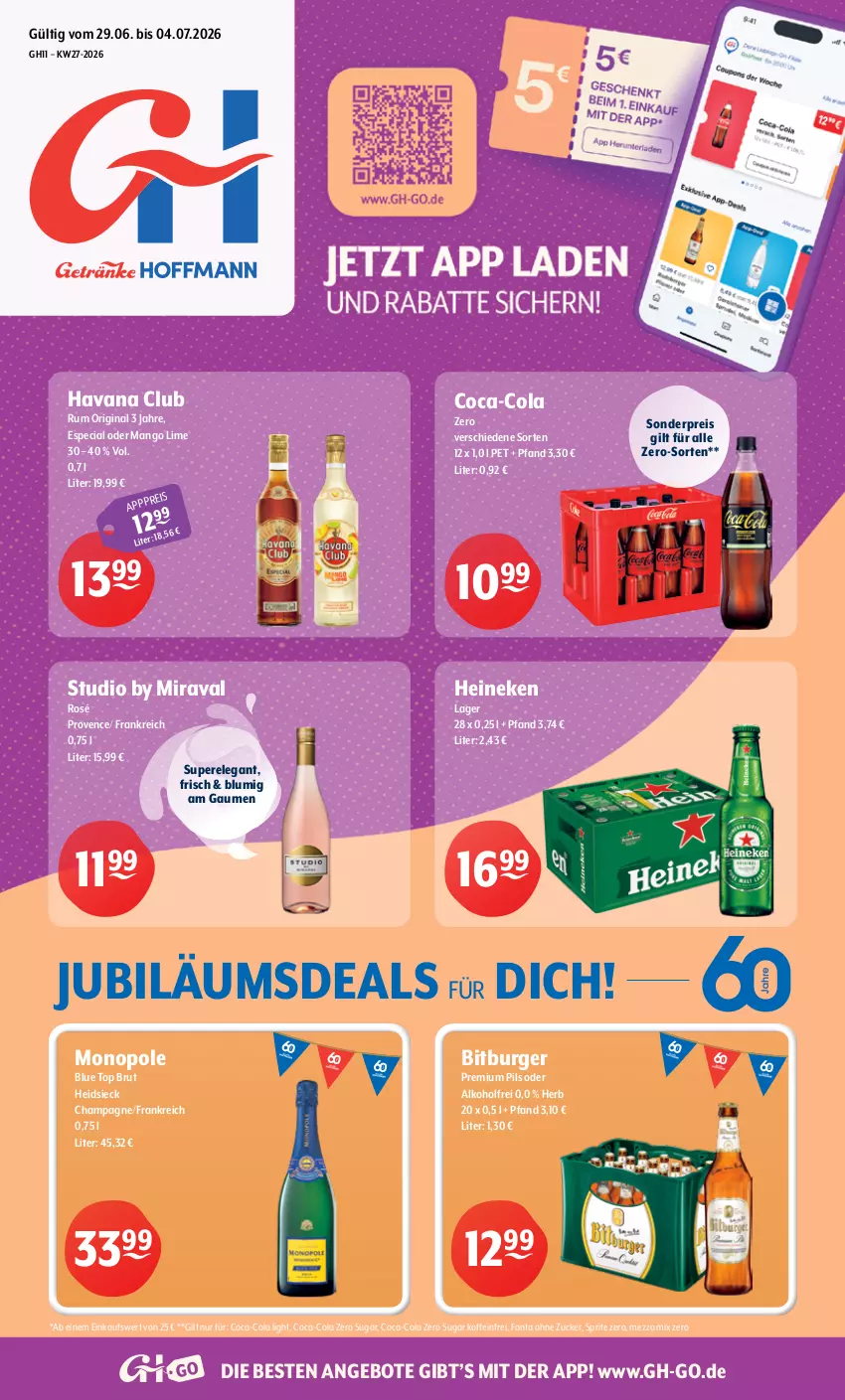 Aktueller Prospekt Getraenke Hoffmann - Prospekte - von 29.06 bis 04.07.2026 - strona 1 - produkty: alkohol, angebot, angebote, bitburger, brut, burger, champagne, coca-cola, cola, eis, fanta, gin, Havana Club, heineken, Jubiläums, mango, Mezzo Mix, pils, premium pils, reis, rel, rum, sprite, Ti, zucker