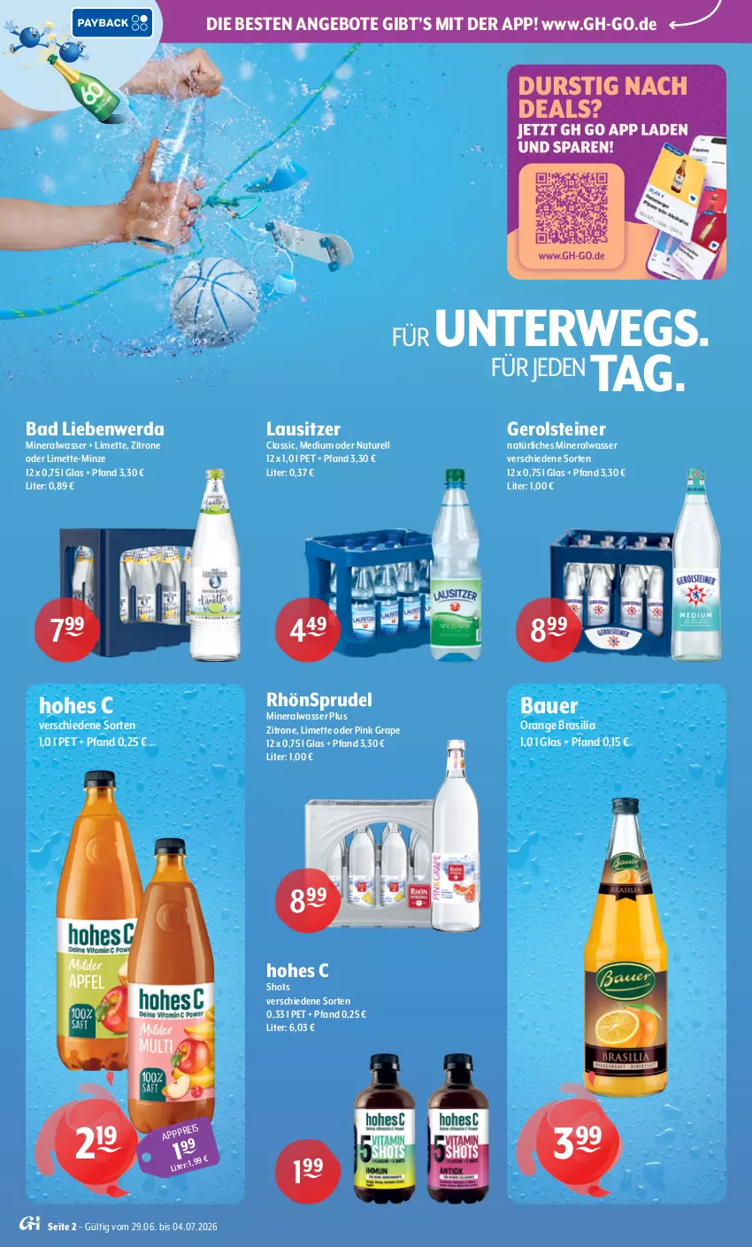 Aktueller Prospekt Getraenke Hoffmann - Prospekte - von 29.06 bis 04.07.2026 - strona 2 - produkty: Alwa, angebot, angebote, auer, Bad, Bad Liebenwerda, Bau, Bauer, eis, gerolsteine, gerolsteiner, Hohes C, limette, Mett, mineralwasser, minze, natur, natürliches mineralwasser, orange, rel, RhönSprudel, rwe, Sprudel, steiner, Ti, wasser, zitrone