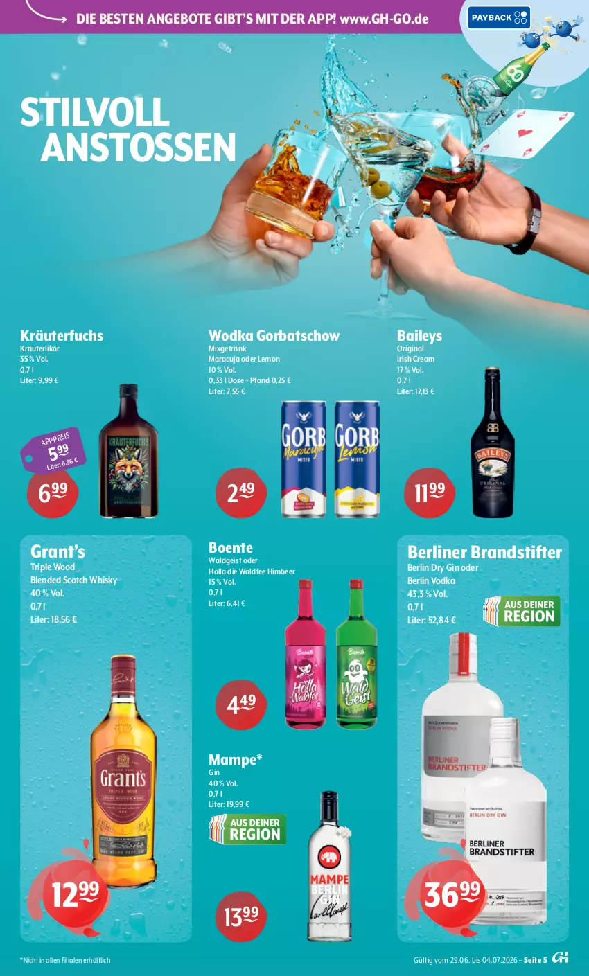 Aktueller Prospekt Getraenke Hoffmann - Prospekte - von 29.06 bis 04.07.2026 - strona 5 - produkty: angebot, angebote, baileys, berliner, blended scotch, blended scotch whisky, dry gin, eis, ente, getränk, gin, Gorbatschow, himbeer, irish cream, kräuter, kräuterlikör, likör, mam, maracuja, Mixgetränk, scotch, scotch whisky, stifte, Ti, vodka, whisky, wodka