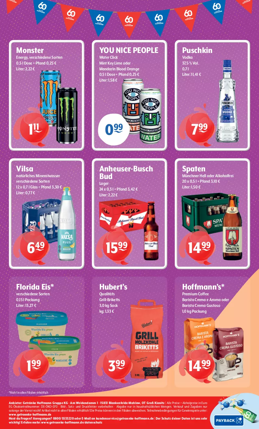 Aktueller Prospekt Getraenke Hoffmann - Prospekte - von 29.06 bis 04.07.2026 - strona 8 - produkty: abholpreise, alkohol, Alwa, briketts, eis, getränk, getränke, gewinnspiel, grill, Heu, mineralwasser, mint, monster, Monster Energy, natürliches mineralwasser, orange, puschkin vodka, reis, sac, Spaten, Spiele, Ti, vilsa, vodka, wasser, Yo