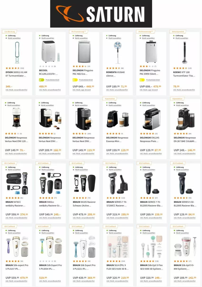 Aktueller Prospekt Saturn - Prospekte - von 14.06 bis 22.06.2022 - strona 8 - produkty: beco, braun, delonghi, Dyson, epilierer, espresso, koenic, ndk, nespresso, pingui, rasierer, rowenta, Ti, turmventilator, ventilator