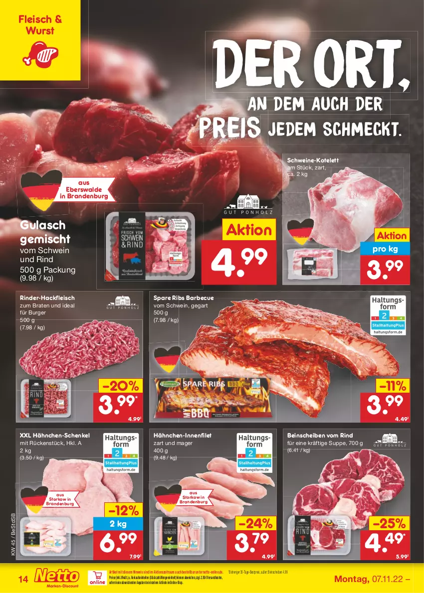 Aktueller Prospekt Netto Marken-Discount - Filial-Angebote - von 07.11 bis 12.11.2022 - strona 14 - produkty: barbecue, bestpreis, braten, burger, eis, filet, fleisch, gulasch, hackfleisch, hähnchen-schenkel, henkel, kotelett, ndk, reis, rind, rinder, rinder-hackfleisch, schenkel, schwein, schwein und rind, schweine, spare ribs, suppe, Ti, vom schwein und rind, wein, weine, wurst