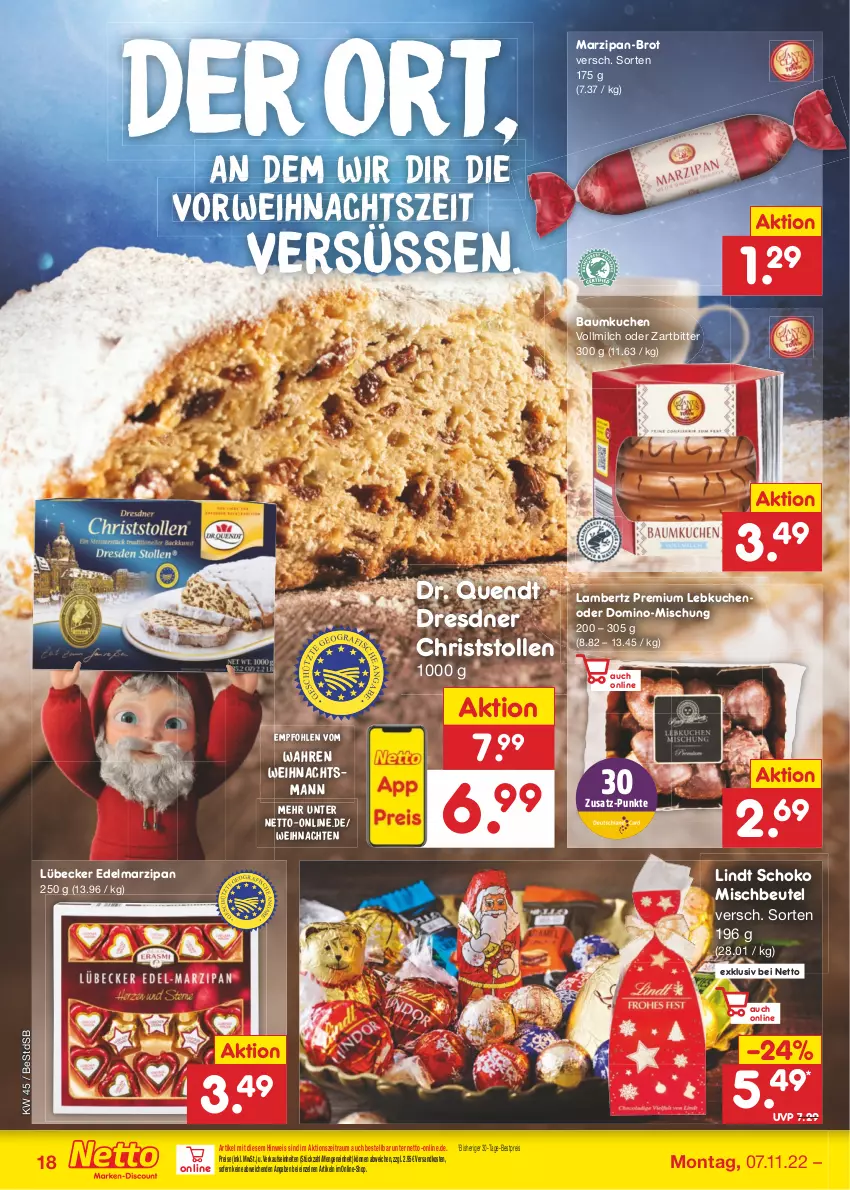 Aktueller Prospekt Netto Marken-Discount - Filial-Angebote - von 07.11 bis 12.11.2022 - strona 18 - produkty: Amber, Bau, bestpreis, beutel, brot, Edelmarzipan, eis, kuchen, lambertz, Lebkuchen, lindt, Lübecker, marzipan, milch, ndk, reis, rwe, schoko, Stollen, Ti, vollmilch, weihnachten, ZTE