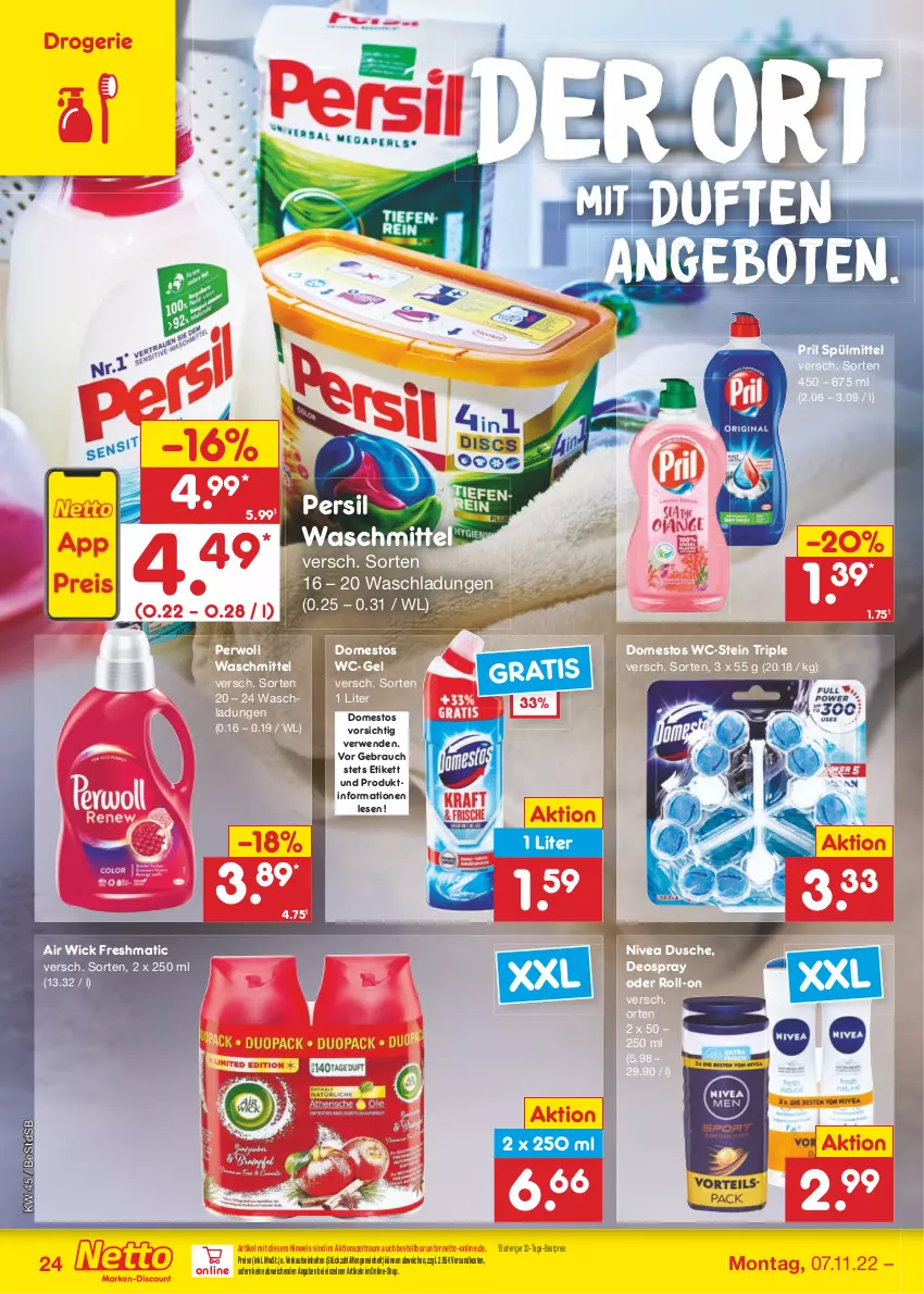 Aktueller Prospekt Netto Marken-Discount - Filial-Angebote - von 07.11 bis 12.11.2022 - strona 24 - produkty: Air Wick, angebot, angebote, bestpreis, deo, deospray, domestos, dusche, eis, ndk, nivea, persil, persil waschmittel, perwoll, pril, Rauch, reis, roll-on, rwe, spülmittel, Ti, waschmittel, wc-gel, WICK