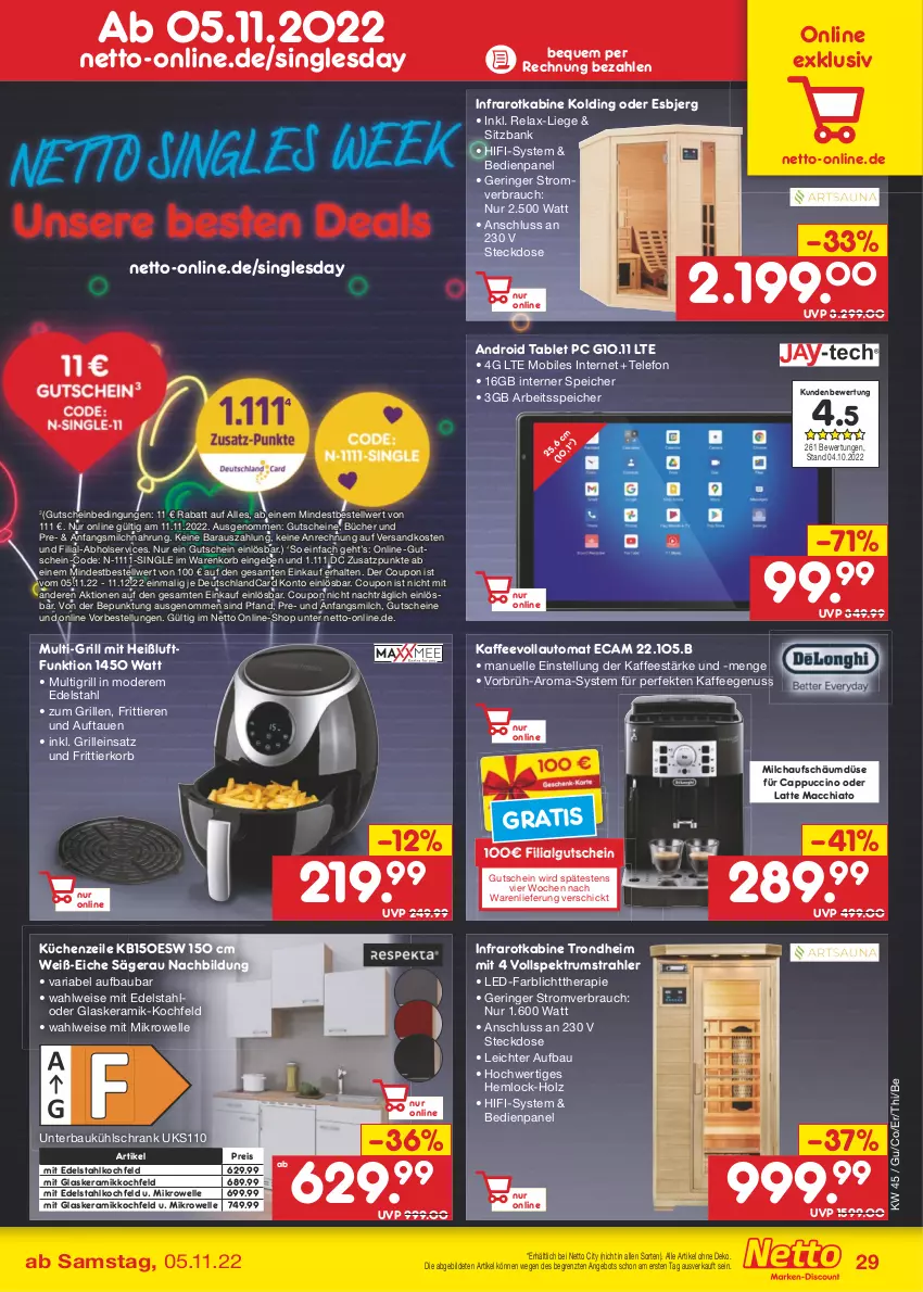 Aktueller Prospekt Netto Marken-Discount - Filial-Angebote - von 07.11 bis 12.11.2022 - strona 29 - produkty: ACC, angebot, auto, Bank, Bau, Cap, cappuccino, chia, cin, coupon, deutschlandcard, edelstahl, eis, elle, Frittierkorb, glaskeramik, glaskeramik-kochfeld, glaskeramikkochfeld, grill, gutschein, gutscheine, Holz, kaffee, kaffeegenuss, kaffeevollautomat, keramik-kochfeld, kochfeld, korb, küche, Küchen, Küchenzeile, kühlschrank, latte, latte macchiato, LG, Liege, mac, macchiato, mikrowelle, milch, Mode, ndk, nuss, Rauch, reis, rel, Ria, ring, rum, säge, Schrank, sitzbank, Spektrum, steckdose, tablet, telefon, Ti, Tiere, ZTE