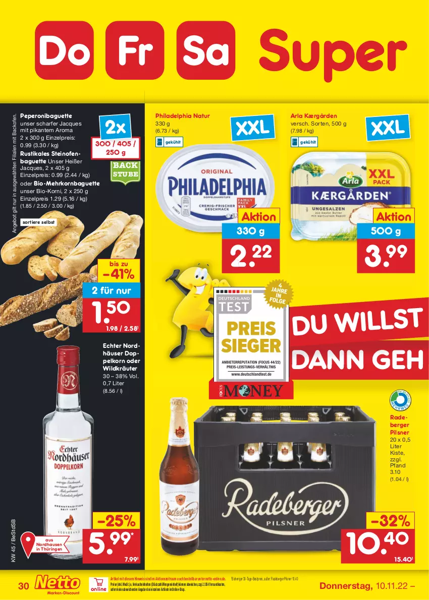 Aktueller Prospekt Netto Marken-Discount - Filial-Angebote - von 07.11 bis 12.11.2022 - strona 30 - produkty: angebot, arla, backofen, baguette, Berger, bestpreis, bio, doppelkorn, eis, Kærgården, korn, kräuter, natur, ndk, Ofen, peperoni, Peroni, philadelphia, pils, pilsner, radeberger, radeberger pilsner, reis, ring, steinofen, stube, Ti, Tiere, Wild