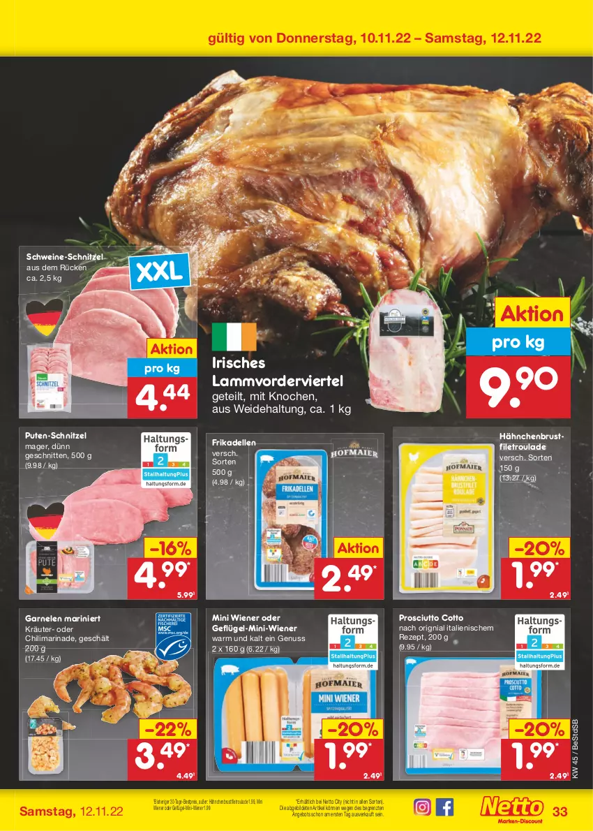 Aktueller Prospekt Netto Marken-Discount - Filial-Angebote - von 07.11 bis 12.11.2022 - strona 33 - produkty: angebot, bestpreis, brustfilet, chili, dell, eis, elle, filet, frikadellen, garnelen, Geflügel, hähnchenbrust, hähnchenbrustfilet, kräuter, lamm, marinade, nuss, prosciutto, prosciutto cotto, pute, reis, rezept, schnitten, schnitzel, schwein, schweine, schweine-schnitzel, Ti, wein, weine, wiener, ZTE