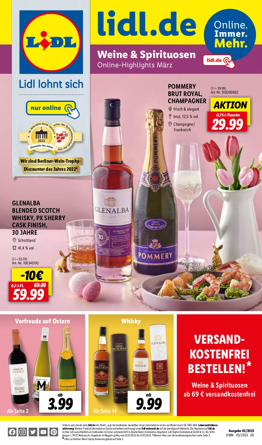 Aktueller Prospekt Lidl - Beste Weine für jeden Anlass - von 01.03 bis 31.03.2023 - strona 1 - produkty: angebot, angebote, berliner, bio, blended scotch, blended scotch whisky, brut, champagne, champagner, discount, elle, Finish, flasche, gutschein, lebensmittel, magazin, ndk, schott, scotch, scotch whisky, spirituosen, Ti, versandkostenfrei, wein, weine, whisky