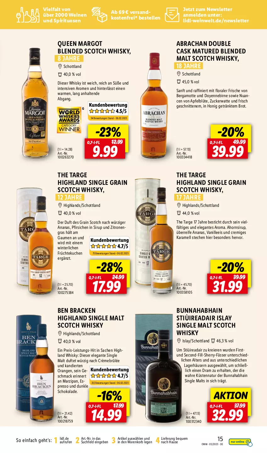 Aktueller Prospekt Lidl - Beste Weine für jeden Anlass - von 01.03 bis 31.03.2023 - strona 15 - produkty: ananas, apfel, Bergamotte, blended scotch, blended scotch whisky, Blüte, brot, eier, eis, elle, früchte, getränk, honig, islay single malt, karamell, korb, kuchen, mac, marzipan, natur, ndk, Nuance, orange, orangen, pfirsich, pfirsiche, reis, sac, schnitten, schoko, schokolade, schott, scotch, scotch whisky, single malt, sirup, spirituosen, Ti, vanille, versandkostenfrei, wein, weine, whisky, zitrone, zitronen, zucker