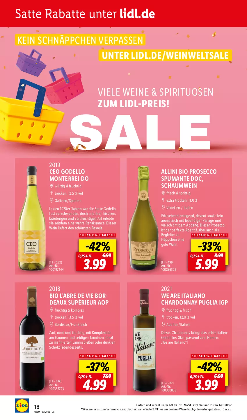 Aktueller Prospekt Lidl - Beste Weine für jeden Anlass - von 01.03 bis 31.03.2023 - strona 18 - produkty: aperitif, berliner, bio, chardonnay, Cien, dell, dessert, desserts, ecco, eis, frucht, gutschein, kräuter, lamm, Lammspieße, monte, ndk, perla, prosecco, puma, reis, ring, schnäppchen, schoko, schokolade, schokoladen, spirituosen, spumante, Ti, tisch, wein, weine