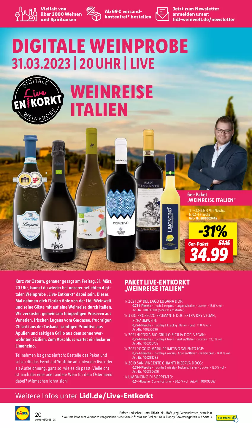 Aktueller Prospekt Lidl - Beste Weine für jeden Anlass - von 01.03 bis 31.03.2023 - strona 20 - produkty: auer, berliner, bio, brut, chia, chianti, cin, ecco, eis, elle, ente, flasche, frucht, grill, grillo, gutschein, limo, mac, ndk, primitivo, prosecco, puma, reis, Ria, riserva, saft, spirituosen, spumante, Ti, uhr, versandkostenfrei, wein, weine, Yo