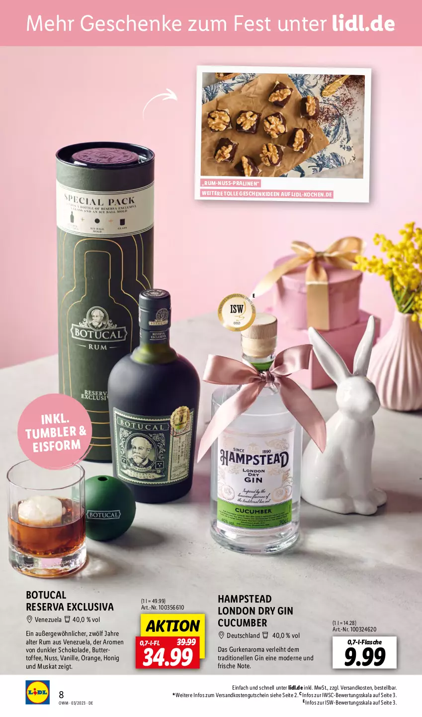 Aktueller Prospekt Lidl - Beste Weine für jeden Anlass - von 01.03 bis 31.03.2023 - strona 8 - produkty: butter, dry gin, eis, elle, flasche, gin, gurke, gurken, gutschein, honig, london dry, london dry gin, Mode, ndk, nuss, orange, pralinen, rum, schoko, schokolade, Ti, tuc, vanille