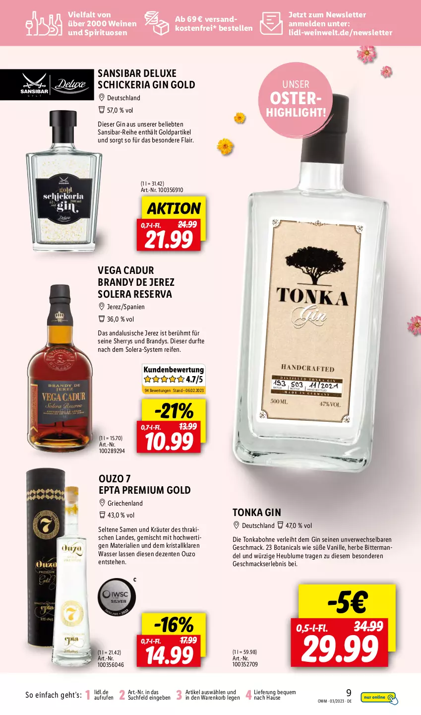 Aktueller Prospekt Lidl - Beste Weine für jeden Anlass - von 01.03 bis 31.03.2023 - strona 9 - produkty: blume, bohne, elle, ente, gin, Heu, korb, kräuter, mac, mandel, ndk, ouzo, reifen, Ria, rwe, spirituosen, Ti, vanille, versandkostenfrei, wasser, wein, weine