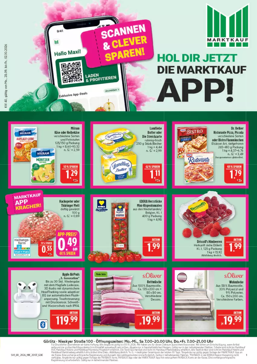 Aktueller Prospekt Marktkauf - Prospekt - von 27.09 bis 03.10.2026 - strona 1 - produkty: Apple, Apple AirPods, auto, Bau, baumwolle, Becher, beere, beeren, bett, bettwäsche, butter, cola, decke, deka, Dr. Oetker, driscoll's, elsässer art, flammkuchen, gewürz, himbeer, himbeere, himbeeren, Käse, kuchen, lamm, landliebe, LG, Mett, milram, mini-rispentomaten, pizza, Pods, ring, rispentomaten, ristorante, ristorante pizza, Streichzart, Ti, tisch, tomate, tomaten, uhr, wasser, wolle