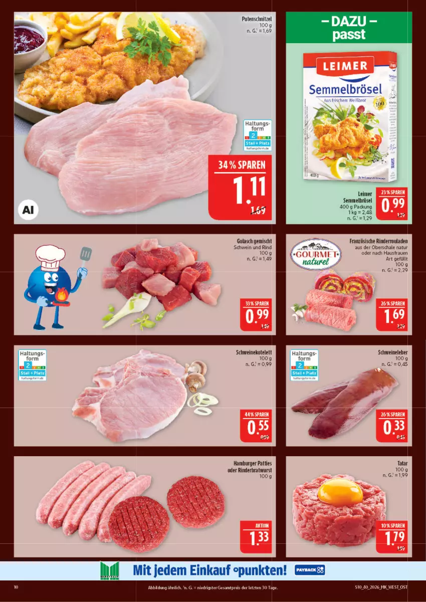 Aktueller Prospekt Marktkauf - Prospekt - von 27.09 bis 03.10.2026 - strona 10 - produkty: bratwurst, brot, burger, eis, gulasch, hamburger, kotelett, natur, pute, putenschnitzel, reis, rind, rinder, Rinderbratwurst, Rinderroulade, rinderrouladen, rouladen, Schal, Schale, schnitzel, schwein, schwein und rind, schweine, schweinekotelett, Schweineleber, Semmel, Semmelbrösel, Ti, wein, weine, wurst, ZTE