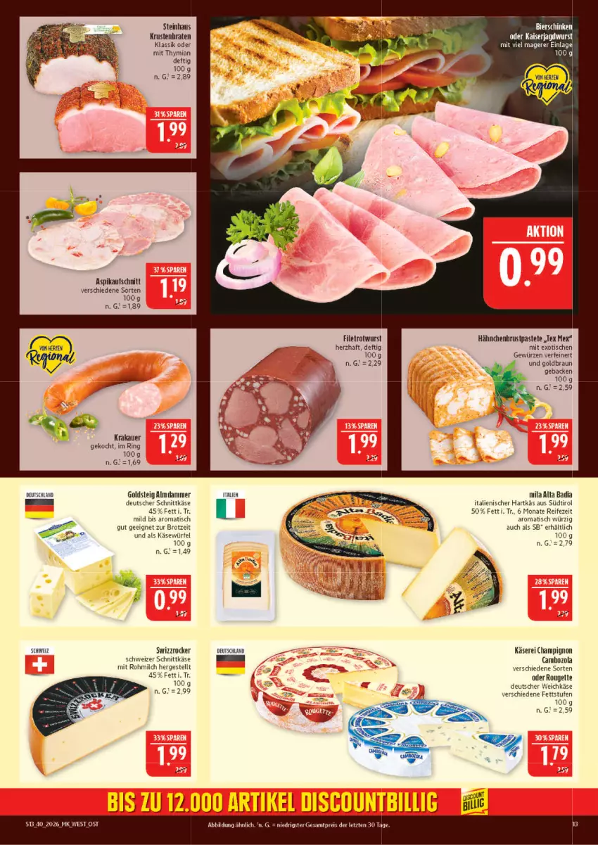 Aktueller Prospekt Marktkauf - Prospekt - von 27.09 bis 03.10.2026 - strona 13 - produkty: auer, aufschnitt, Bad, braten, braun, brot, cambozola, champignon, deutscher schnittkäse, deutscher weichkäse, duni, eier, eis, filet, geback, gewürz, goldsteig, hähnchenbrust, Käse, krakauer, krustenbraten, milch, pastete, reis, ring, Rotwurst, schnittkäse, schweizer schnittkäse, steinhaus, Swizzrocker, Ti, tisch, weichkäse, würfel, wurst, ZTE