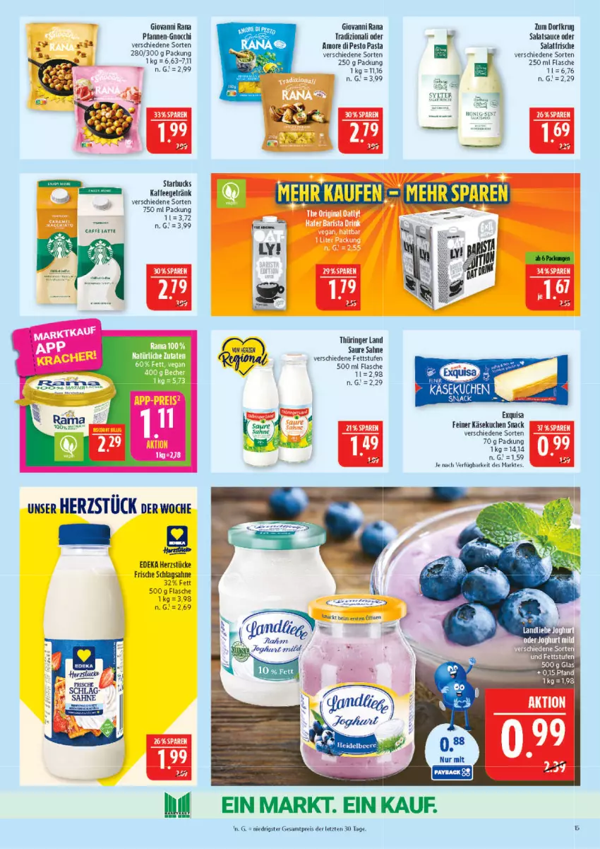 Aktueller Prospekt Marktkauf - Prospekt - von 27.09 bis 03.10.2026 - strona 15 - produkty: caffe, deka, eis, exquisa, flasche, giovanni rana, gnocchi, joghur, joghurt, kaffee, Käse, käsekuchen, kuchen, latte, pasta, pesto, pfanne, pfannen, Rana, reis, ring, sahne, salat, salatsauce, sauce, schlagsahne, snack, starbucks, ZTE