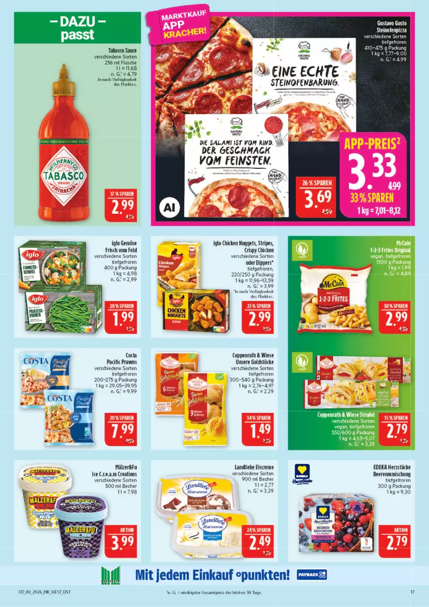 Aktueller Prospekt Marktkauf - Prospekt - von 27.09 bis 03.10.2026 - strona 17 - produkty: Becher, beere, beeren, chicken nuggets, Cif, coppenrath, creme, deka, dip, eis, eiscreme, flasche, Goldstücke, iglo, landliebe, landliebe eiscreme, mac, nuggets, Ofen, pizza, prawns, reis, rind, salami, sauce, steinofen, Strudel, Ti, ZTE