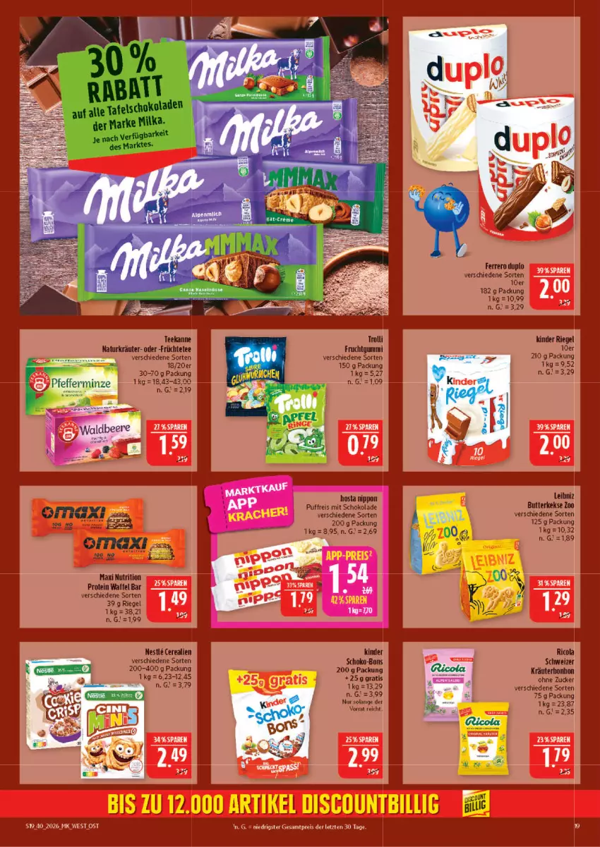 Aktueller Prospekt Marktkauf - Prospekt - von 27.09 bis 03.10.2026 - strona 19 - produkty: butter, butterkeks, cerealien, discount, duplo, eis, ferrero, frucht, früchte, Früchtetee, fruchtgummi, keks, kekse, Kinder, kinder riegel, kräuter, leibniz, milka, minze, natur, nippon, reis, riegel, schoko, schokolade, tee, teekanne, Ti, trolli, trolli fruchtgummi, zucker