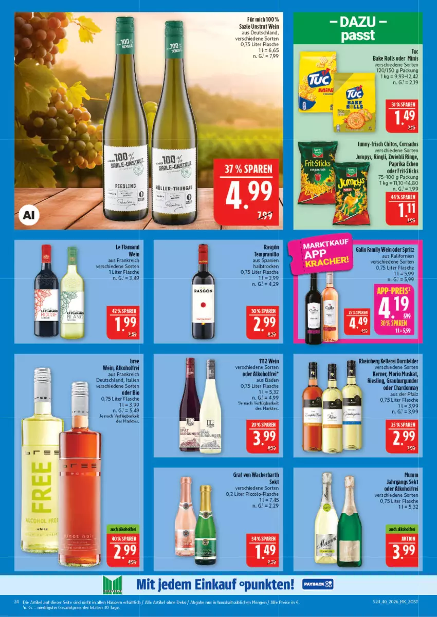 Aktueller Prospekt Marktkauf - Prospekt - von 27.09 bis 03.10.2026 - strona 24 - produkty: alkohol, Bad, bio, burgunder, chardonnay, dornfelder, elle, flasche, Frit-Sticks, funny-frisch, gallo, gallo family, grauburgunder, mumm, paprika, riesling, ring, sekt, tempranillo, Ti, wein