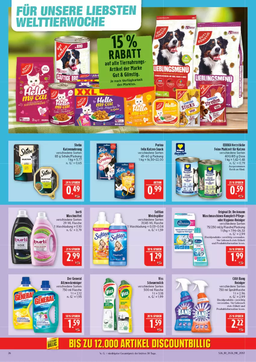 Aktueller Prospekt Marktkauf - Prospekt - von 27.09 bis 03.10.2026 - strona 26 - produkty: allzweckreiniger, bio, biozidprodukte, Cillit, cillit bang, deka, Dr. Beckmann, eis, ente, felix, flasche, gin, Heu, hygiene-reiniger, katzennahrung, milch, purina, Rauch, reiniger, reis, rind, rwe, Schal, Schale, scheuermilch, sheba, snack, Softlan, sprühflasche, Ti, tiernahrung, waschmaschine, waschmaschinen, waschmittel, weck, weichspüler, ZTE