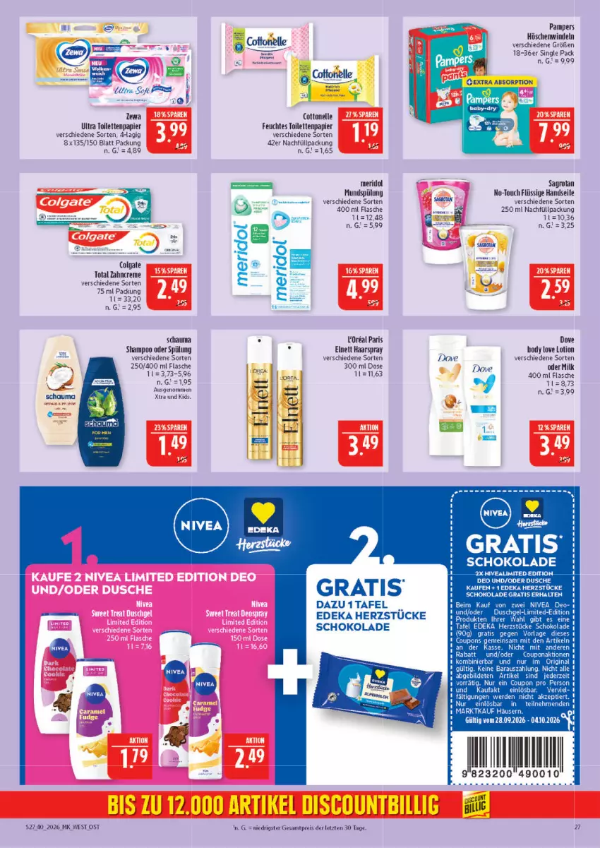Aktueller Prospekt Marktkauf - Prospekt - von 27.09 bis 03.10.2026 - strona 27 - produkty: body, colgate, colgate total, cottonelle, coupon, coupons, creme, deka, deo, dove, dusche, duschgel, eis, elle, elnett, erde, feuchtes toilettenpapier, flasche, gin, haarspray, Handseife, LG, Lotion, meridol, merl, mundspülung, nivea, pampers, papier, reis, sagrotan, schauma, schauma shampoo, schoko, schokolade, Seife, shampoo, shampoo oder spülung, spülung, Ti, toilettenpapier, windeln, Yo, zahncreme, ZTE