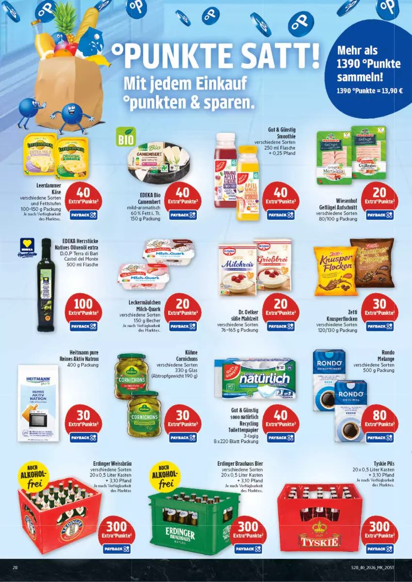 Aktueller Prospekt Marktkauf - Prospekt - von 27.09 bis 03.10.2026 - strona 28 - produkty: alkohol, aufschnitt, Becher, bier, bio, camembert, deka, deo, dip, Dr. Oetker, edeka bio, eis, Elan, erdinger, flasche, Geflügel, heitmann, Käse, Knusperflocken, Kühne, leckermäulchen, leerdammer, milch, monte, natives olivenöl, olive, oliven, olivenöl, olivenöl extra, papier, pils, quark, reis, smoothie, Ti, tisch, tyskie, wiesenhof