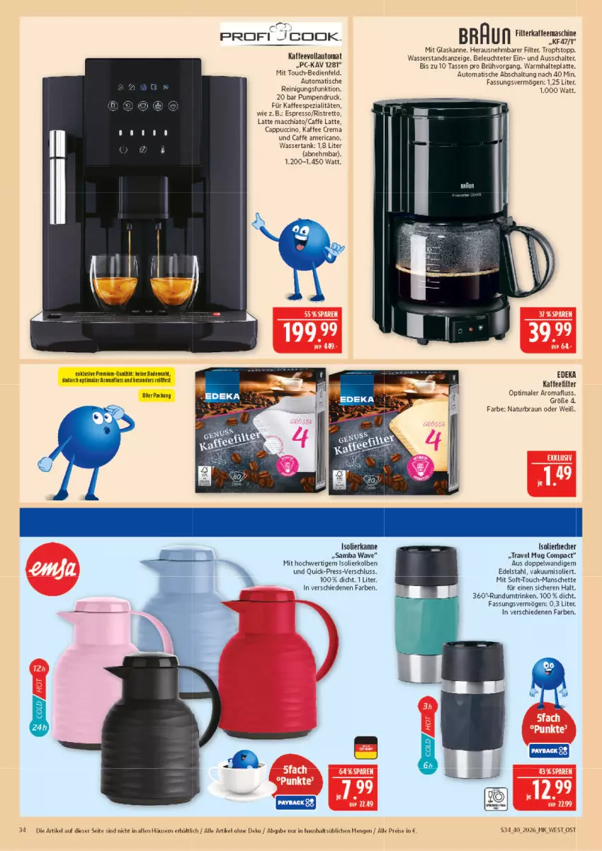 Aktueller Prospekt Marktkauf - Prospekt - von 27.09 bis 03.10.2026 - strona 34 - produkty: ACC, auto, Becher, braun, caffe, Cap, cappuccino, chia, cin, deka, edelstahl, eis, espresso, isolierbecher, isolierkanne, kaffee, kaffeespezialitäten, kaffeevollautomat, latte, latte macchiato, Leuchte, mac, macchiato, natur, profi cook, Reinigung, reis, Schal, Spezi, tasse, Ti, tisch, travel mug, wasser, wassertank